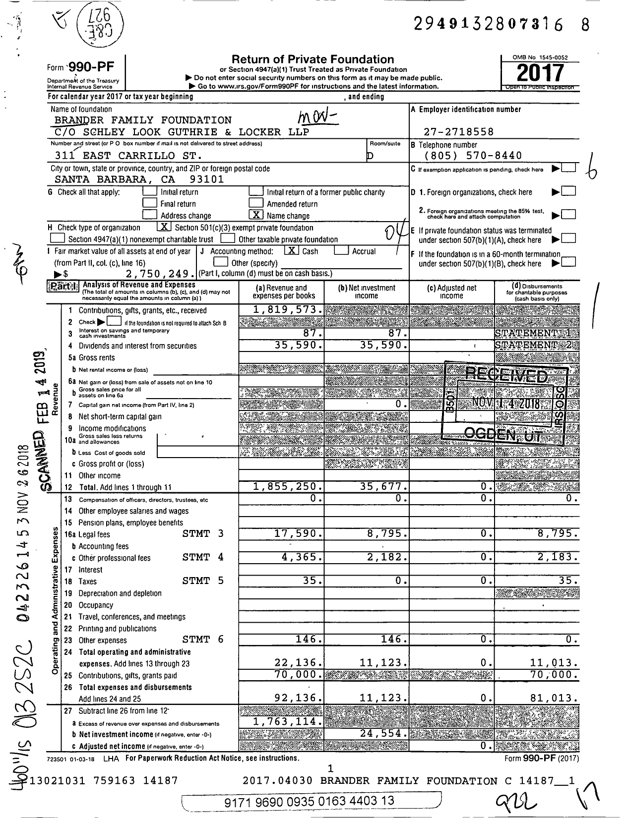 Image of first page of 2017 Form 990PF for Brander Family Foundation