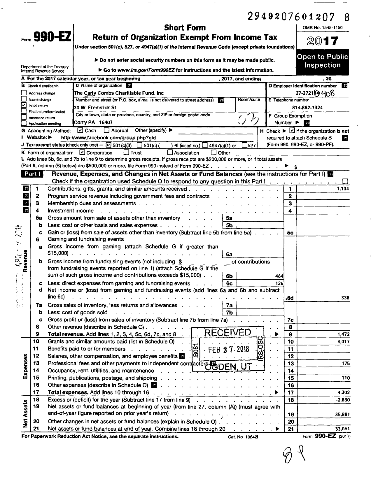 Image of first page of 2017 Form 990EZ for Carly K Combs Charitable Fund