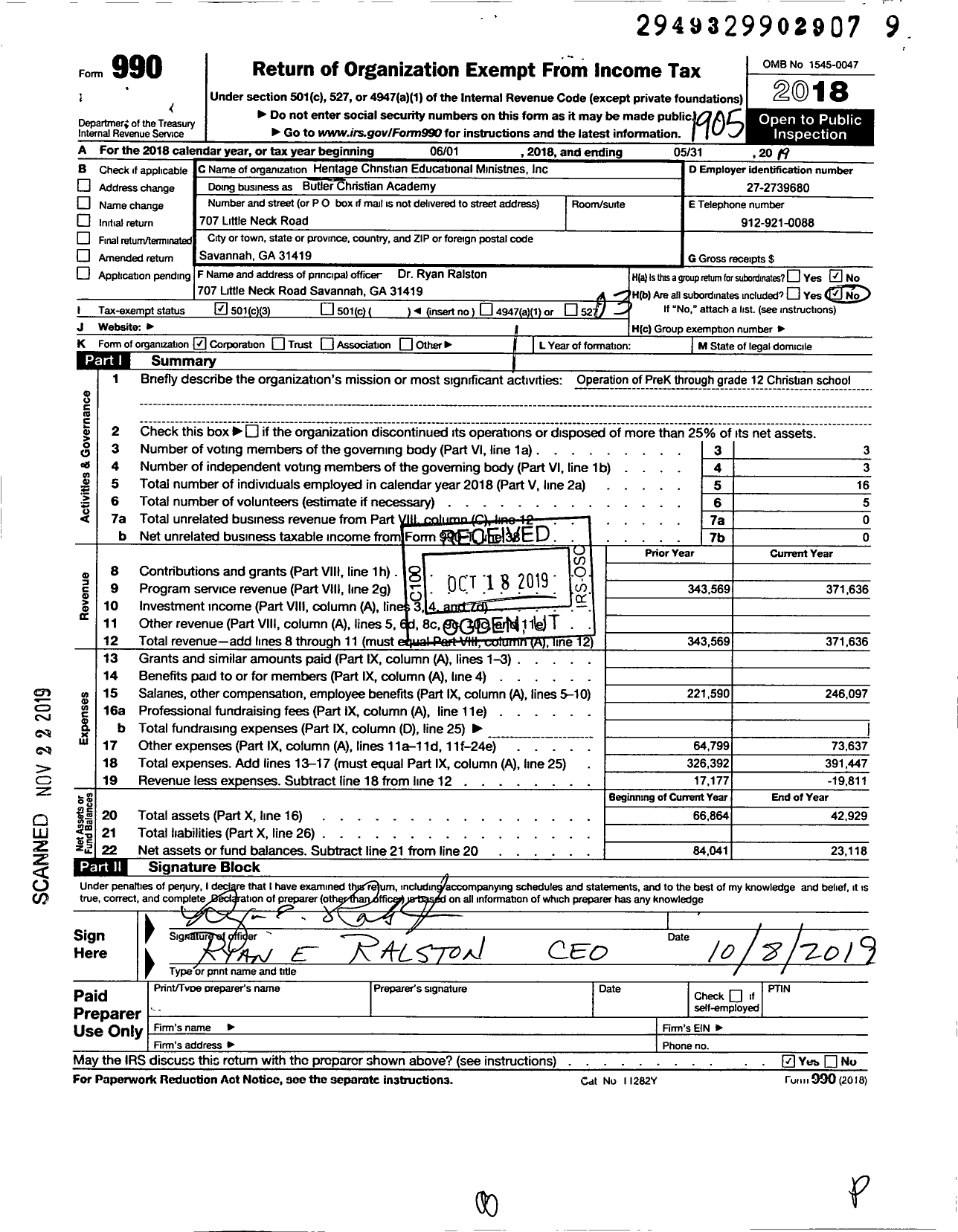 Image of first page of 2018 Form 990 for Butler Christian Academy