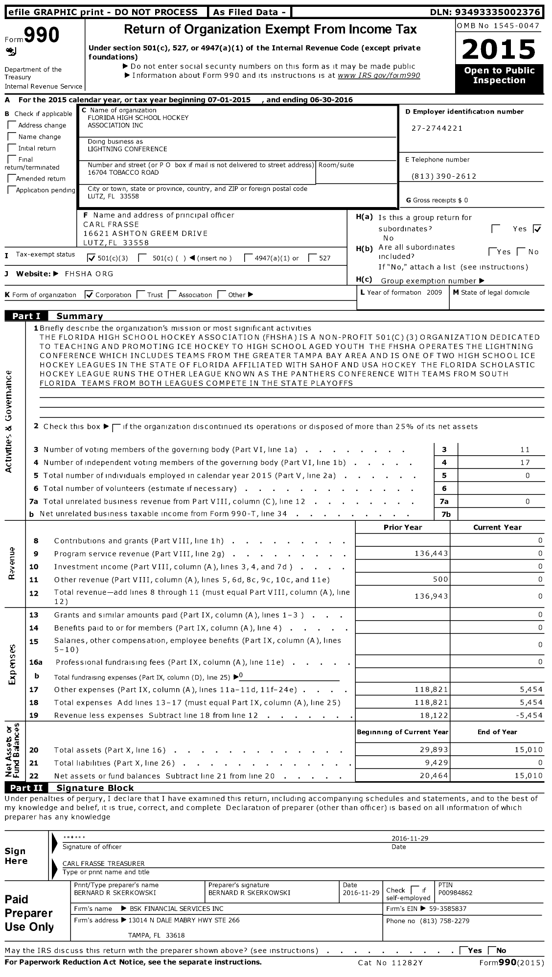 Image of first page of 2015 Form 990 for Florida High School Hockey Association