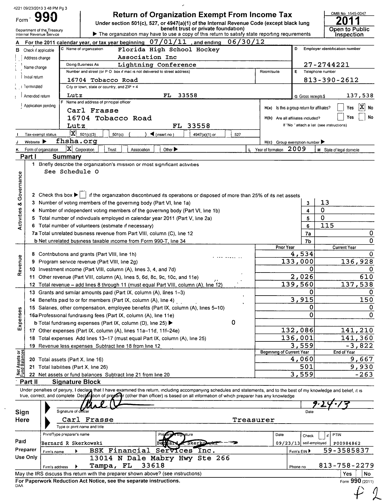 Image of first page of 2011 Form 990 for Florida High School Hockey Association