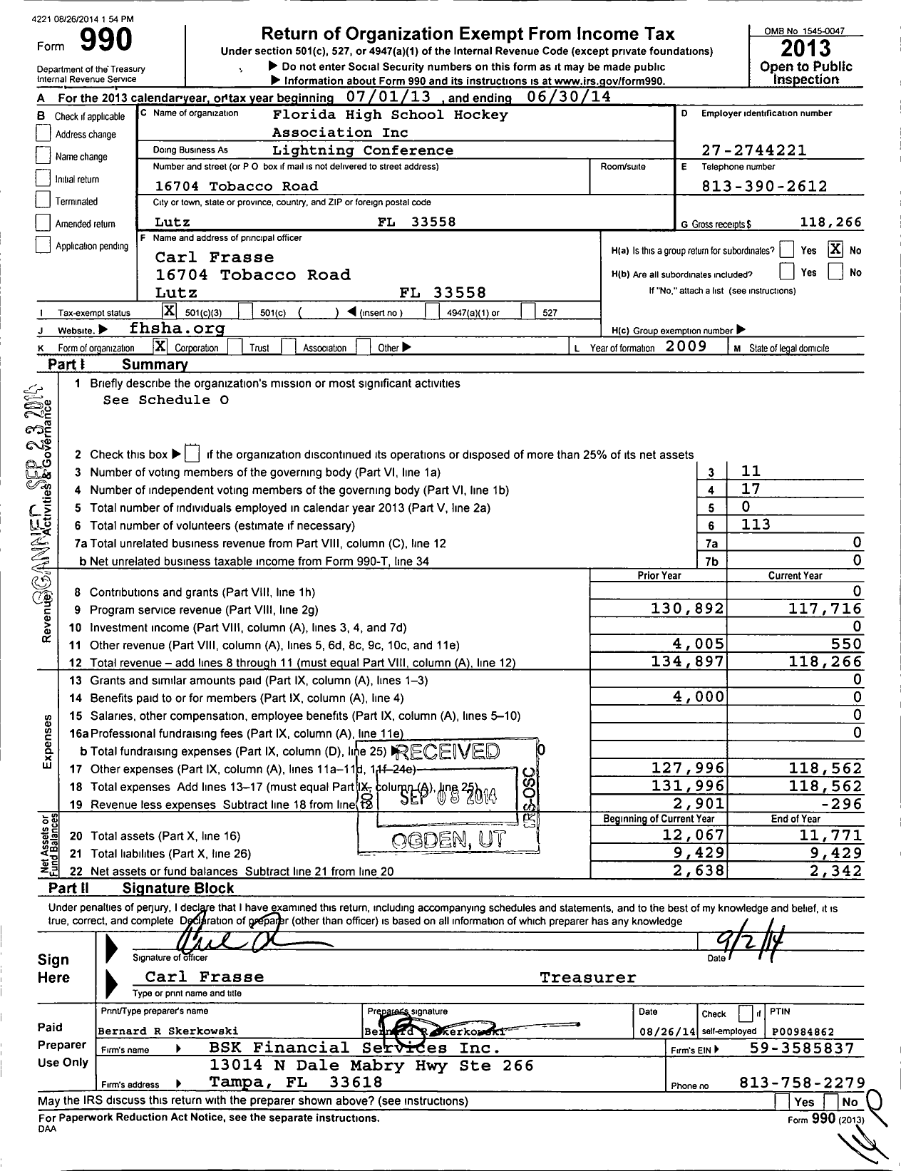 Image of first page of 2013 Form 990 for Florida High School Hockey Association