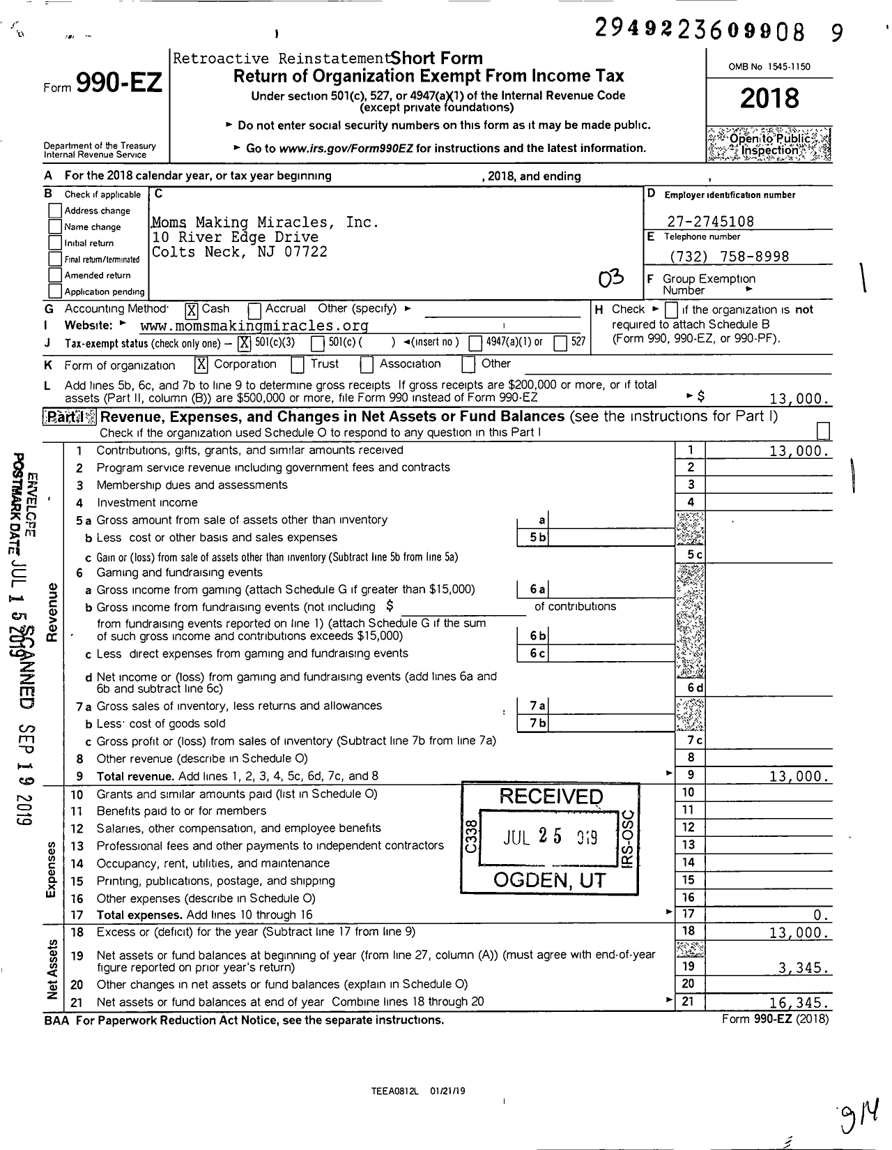 Image of first page of 2018 Form 990EZ for Moms Making Miracles