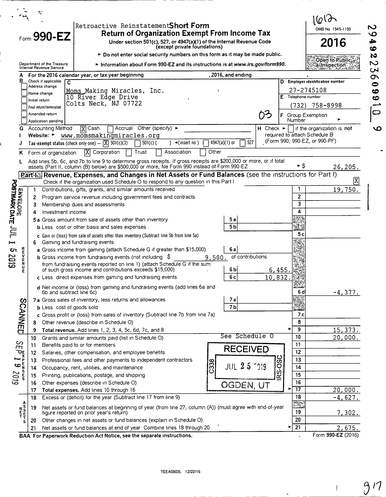 Image of first page of 2016 Form 990EZ for Moms Making Miracles