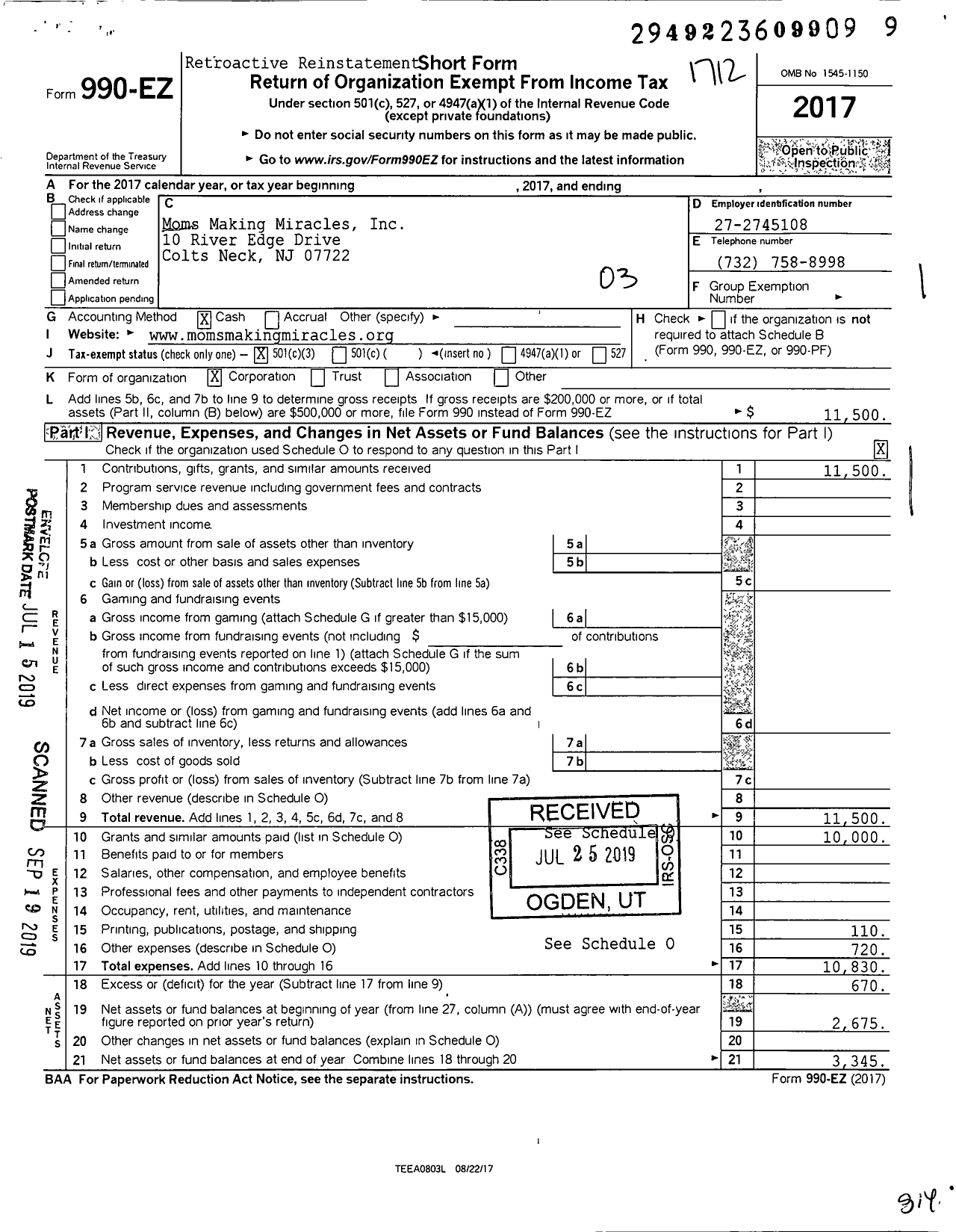 Image of first page of 2017 Form 990EZ for Moms Making Miracles