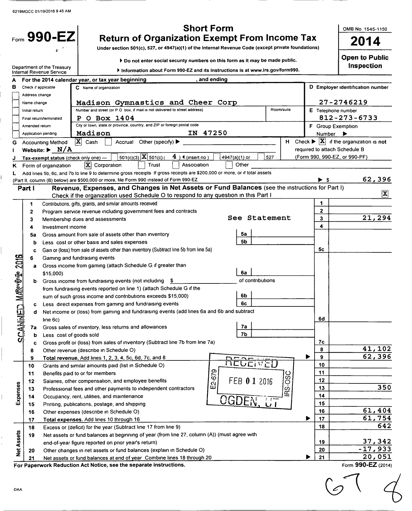 Image of first page of 2014 Form 990EO for Madison Gymnastics and Cheer Corporation