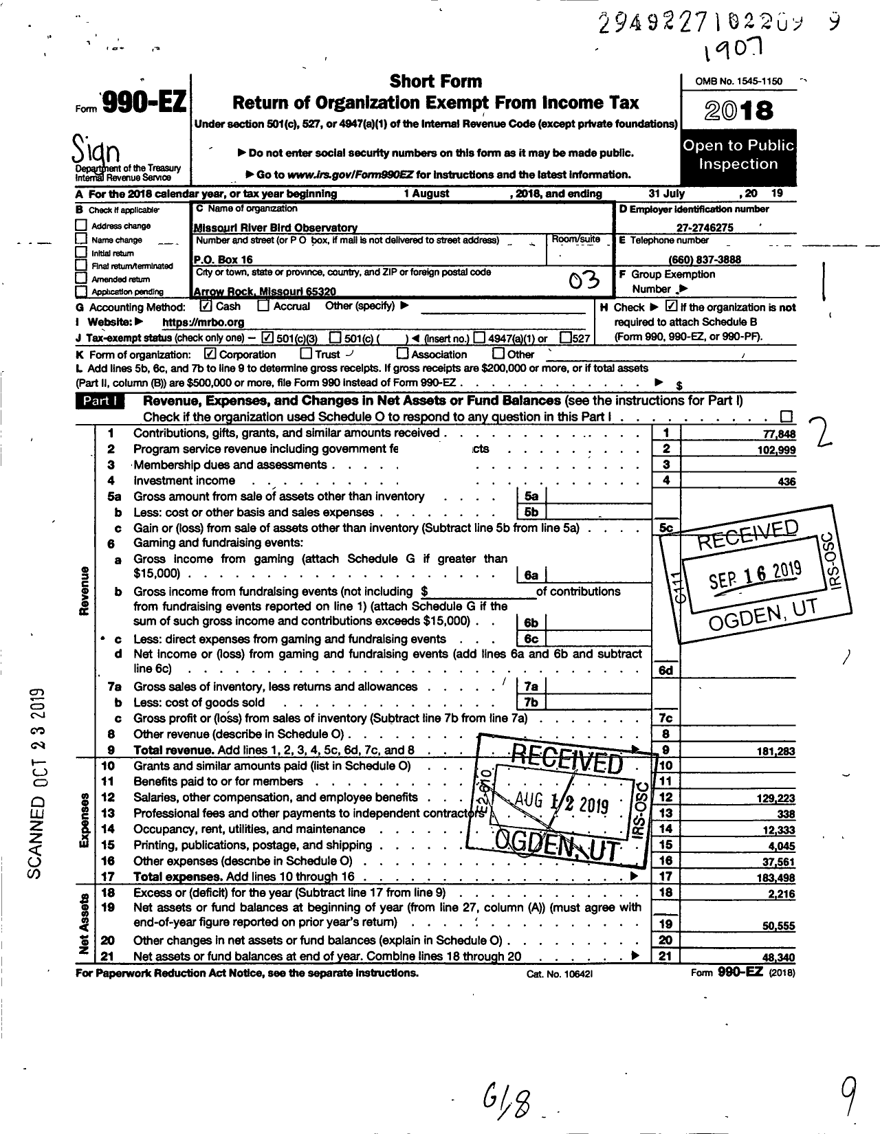 Image of first page of 2018 Form 990EZ for Missouri River Bird Observatory