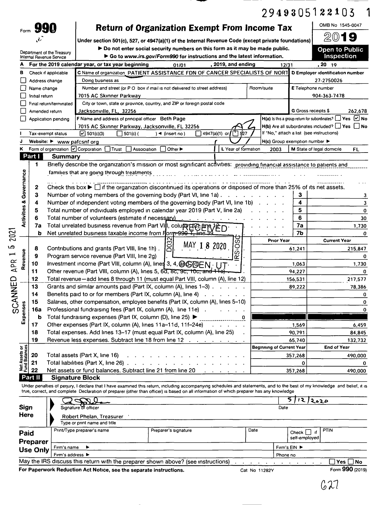 Image of first page of 2019 Form 990 for Patient Assistance Foundation of Cancer Specialists of North Florida