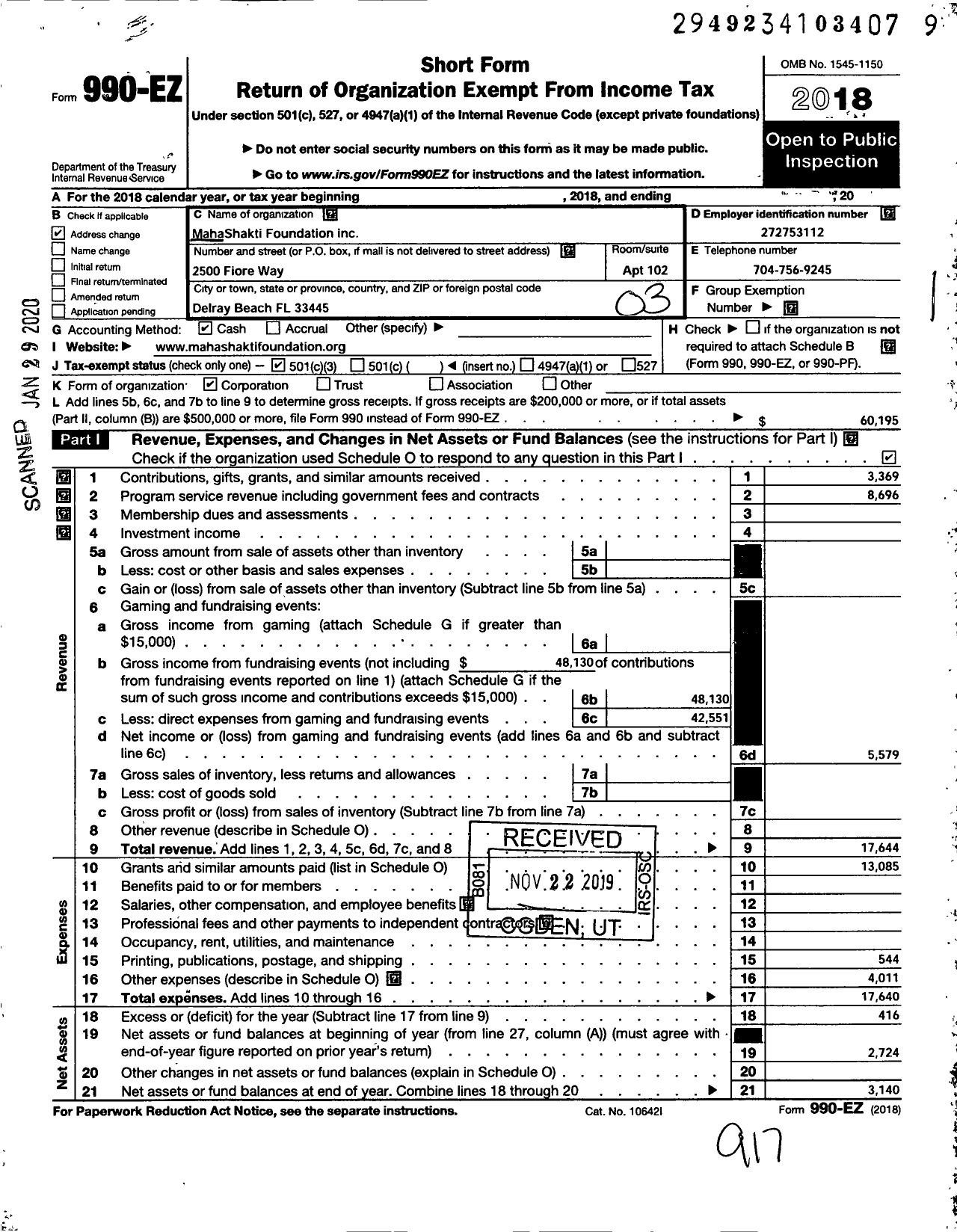 Image of first page of 2018 Form 990EZ for Mahashakti Foundation