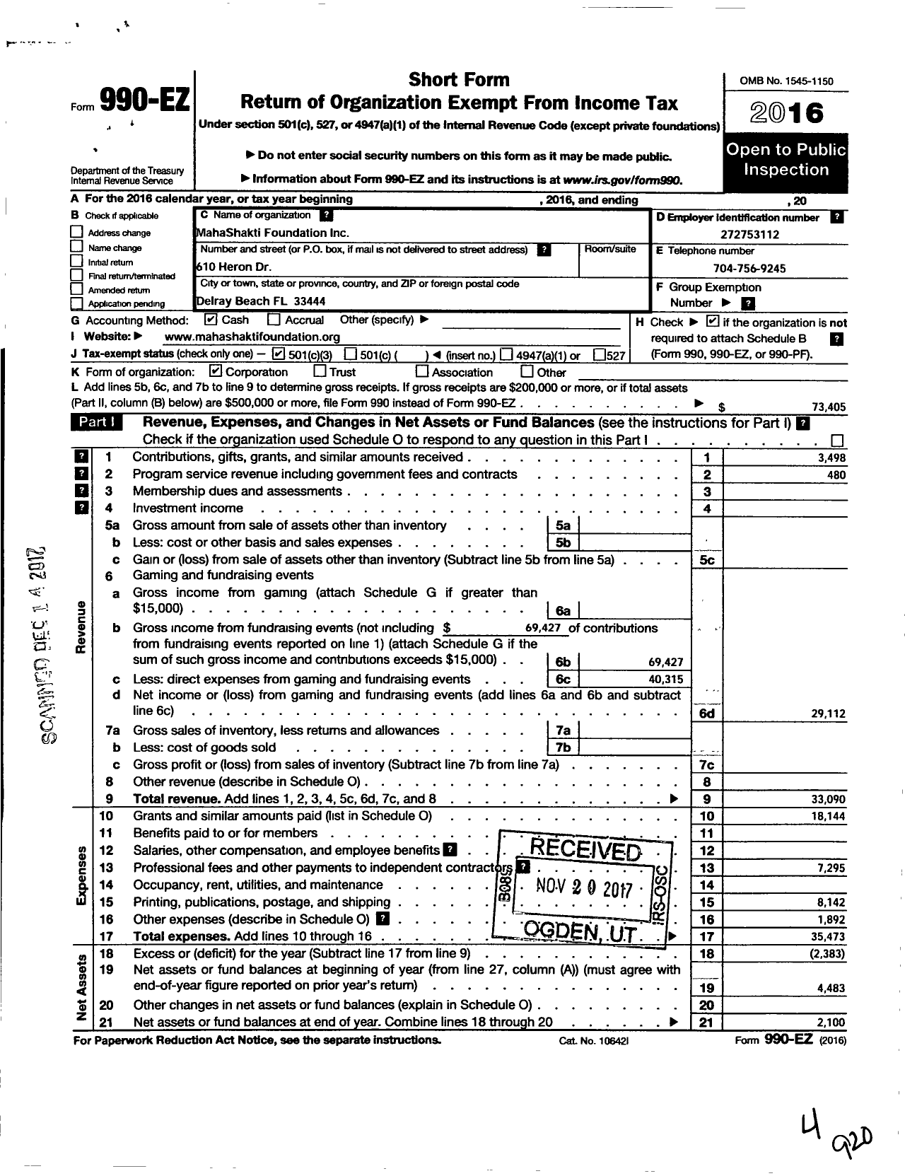 Image of first page of 2016 Form 990EZ for Mahashakti Foundation