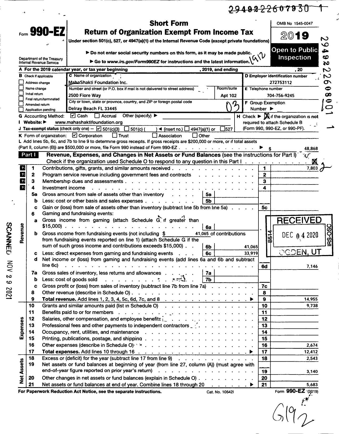 Image of first page of 2019 Form 990EZ for Mahashakti Foundation