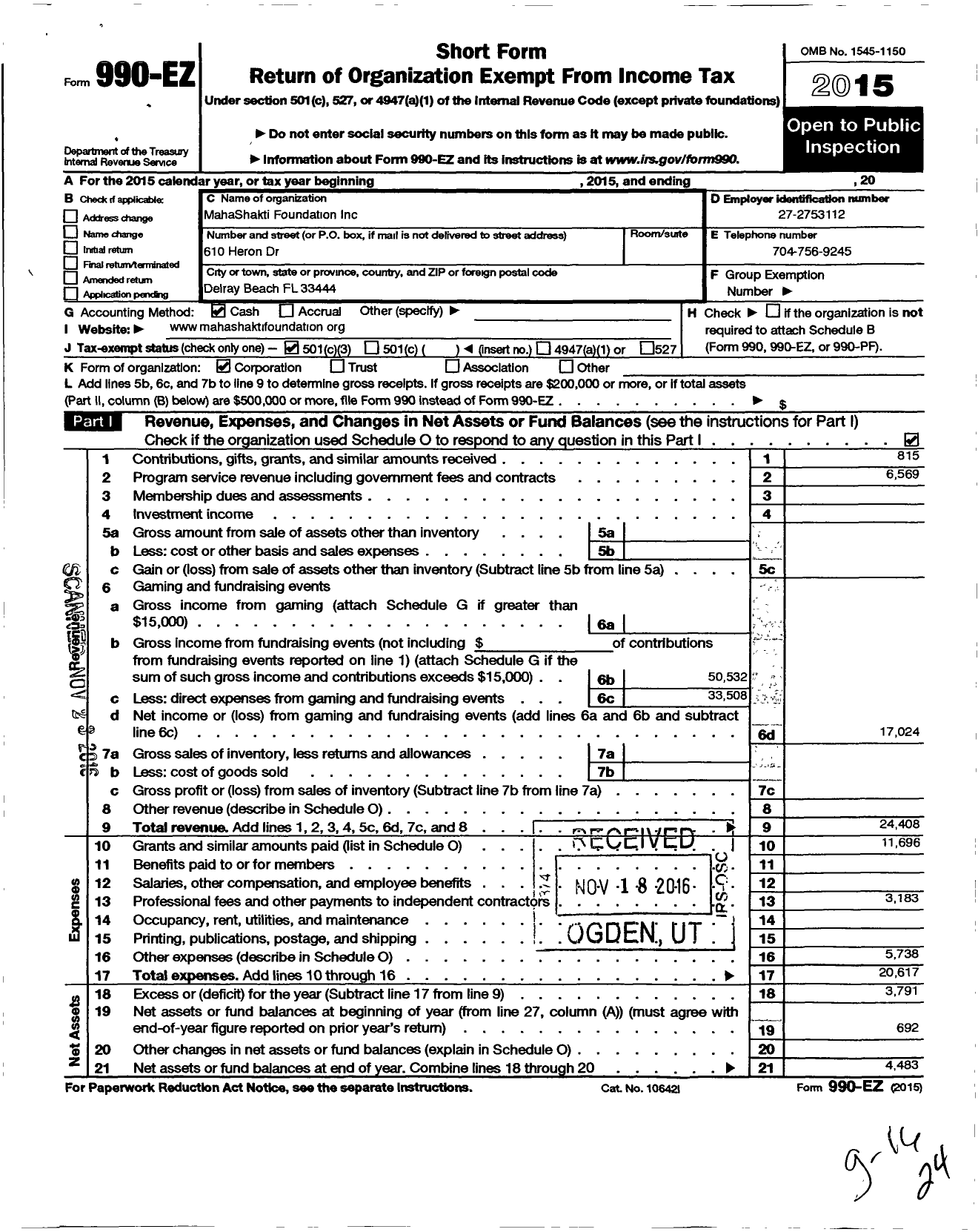 Image of first page of 2015 Form 990EZ for Mahashakti Foundation