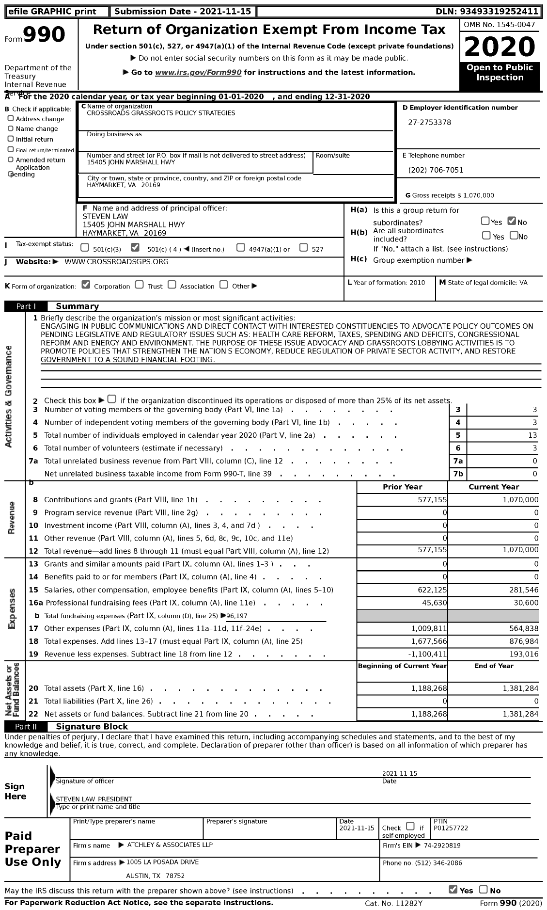 Image of first page of 2020 Form 990 for Crossroads Grassroots Policy Strategies (Crossroads GPS)