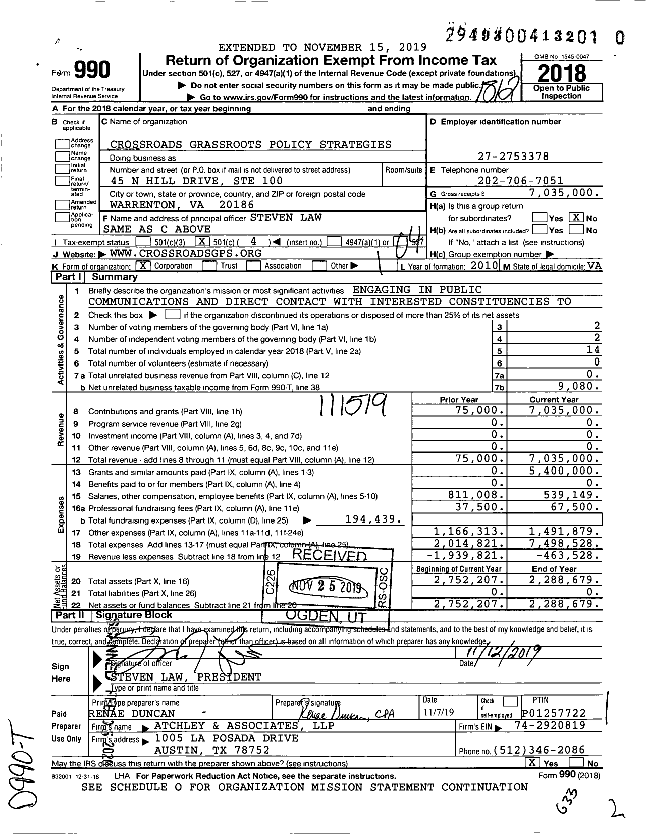 Image of first page of 2018 Form 990O for Crossroads Grassroots Policy Strategies (Crossroads GPS)