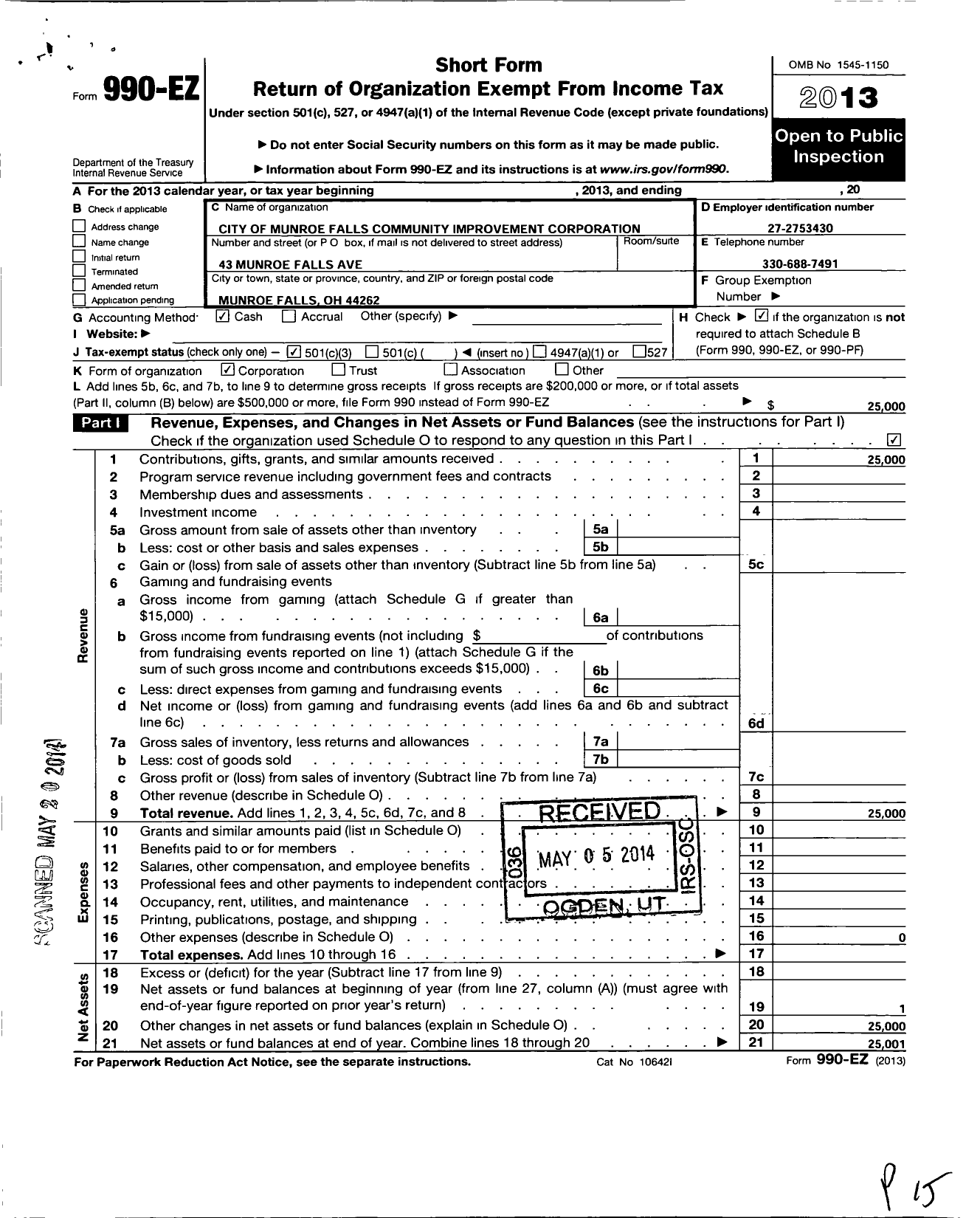 Image of first page of 2013 Form 990EZ for Community Improvement Corporation of Munroe Falls Ohio