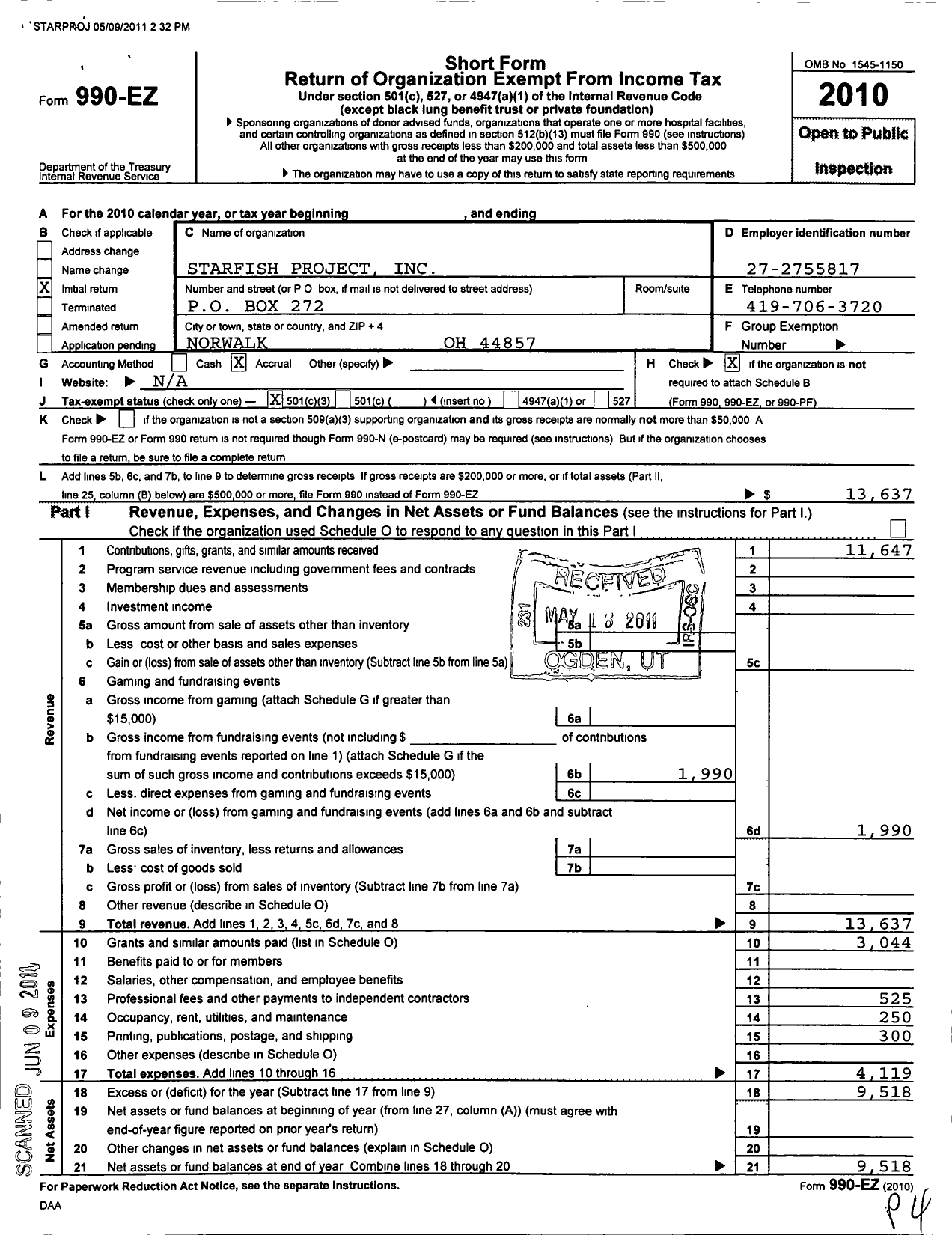 Image of first page of 2010 Form 990EZ for Starfish Project