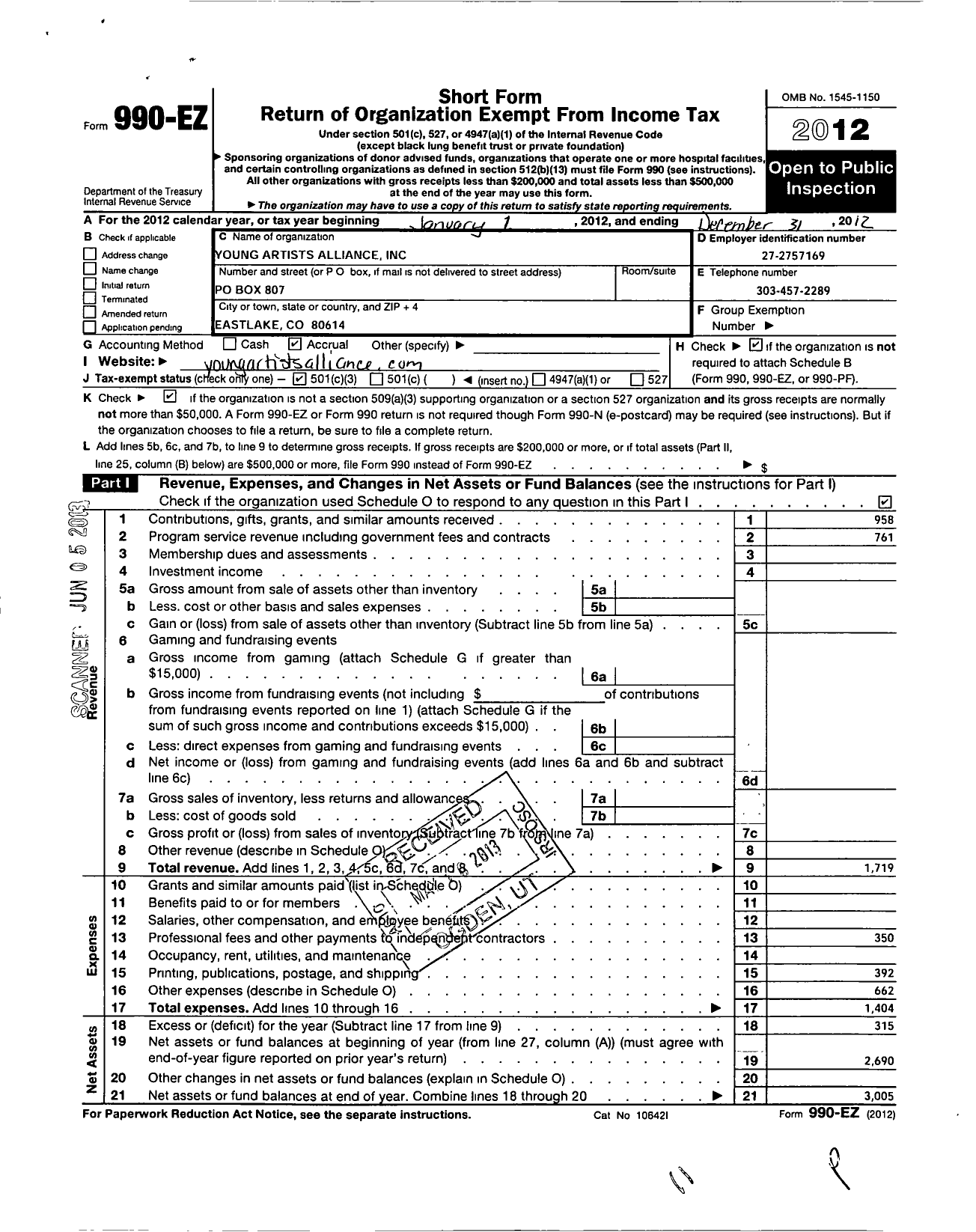 Image of first page of 2012 Form 990EZ for Young Artists Alliance