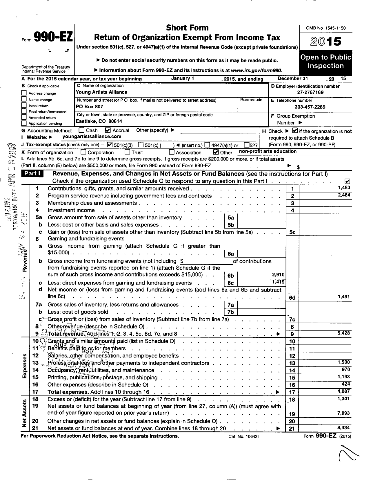 Image of first page of 2015 Form 990EZ for Young Artists Alliance