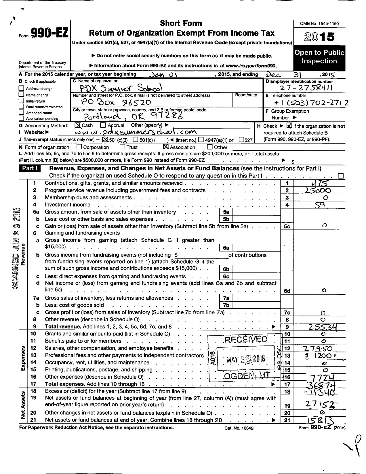 Image of first page of 2015 Form 990EZ for PDX Summer School