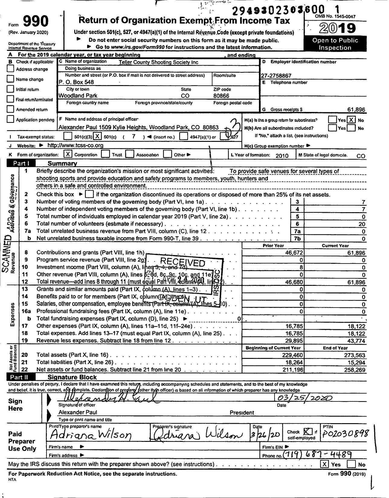 Image of first page of 2019 Form 990 for Teller County Shooting Society