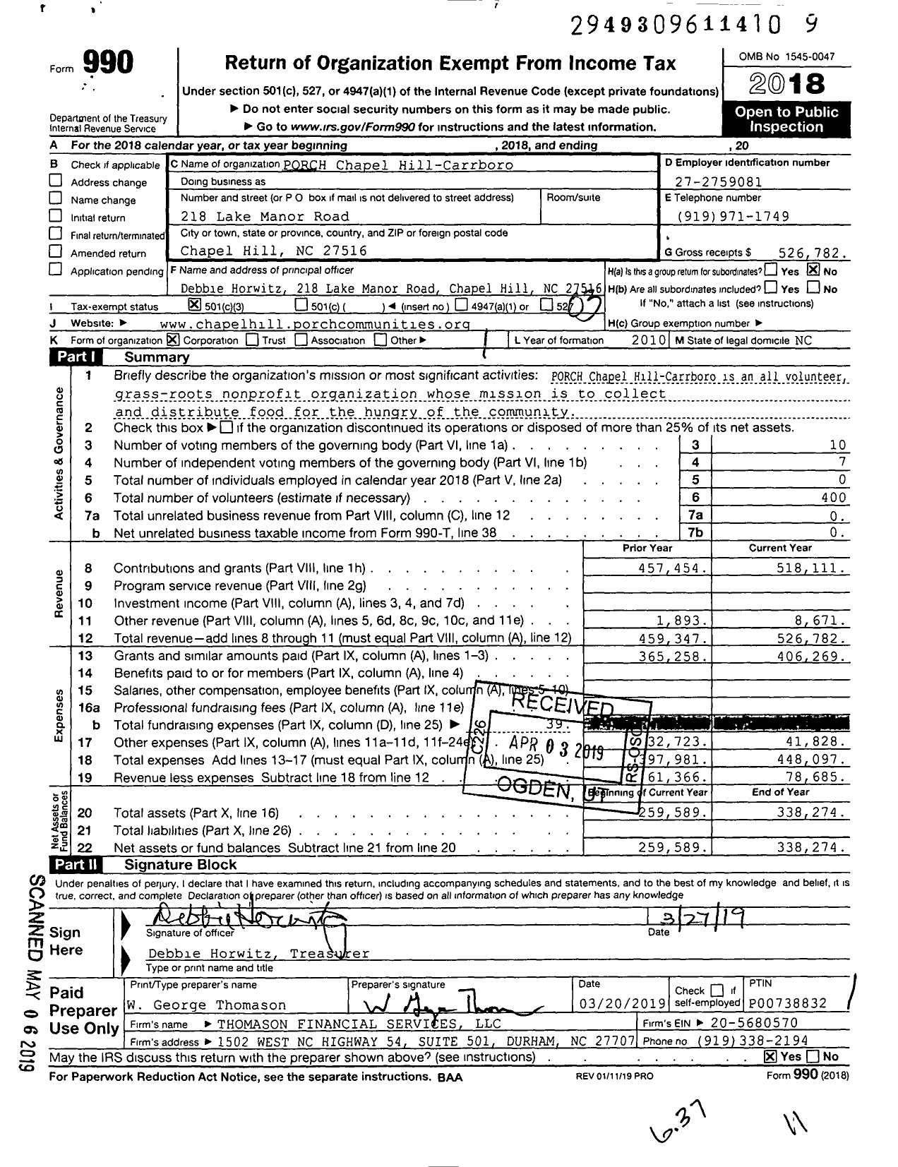 Image of first page of 2018 Form 990 for PORCH Chapel Hill-Carrboro