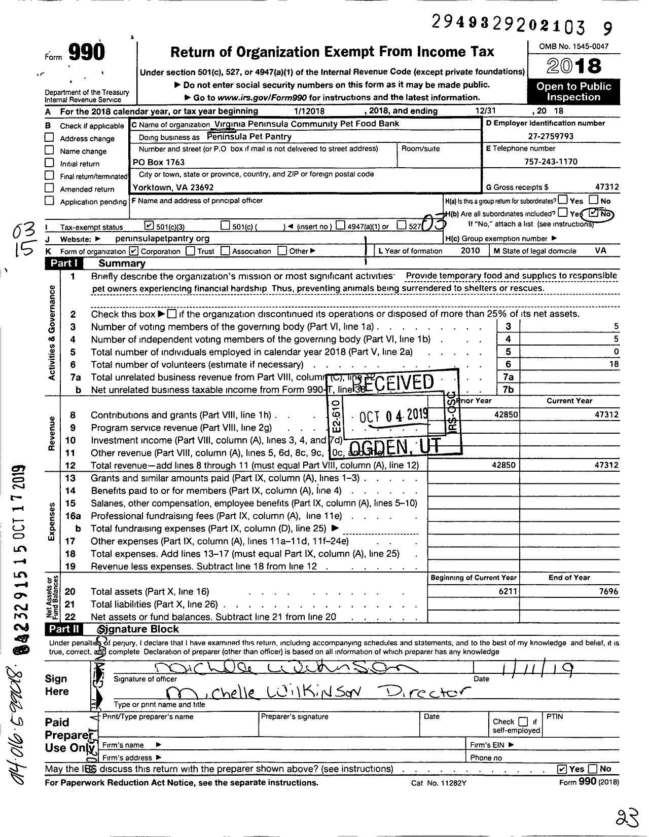 Image of first page of 2018 Form 990 for Peninsula Pet Pantry / Virginia Peninsula Community Pet Food Bank