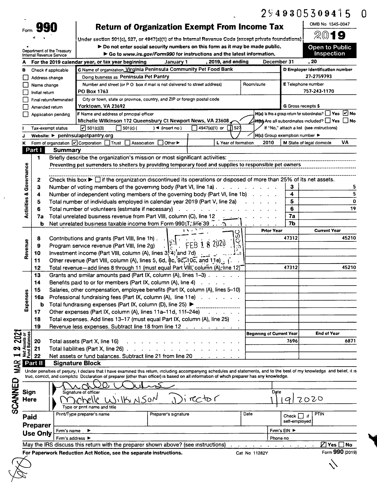 Image of first page of 2019 Form 990 for Peninsula Pet Pantry / Virginia Peninsula Community Pet Food Bank