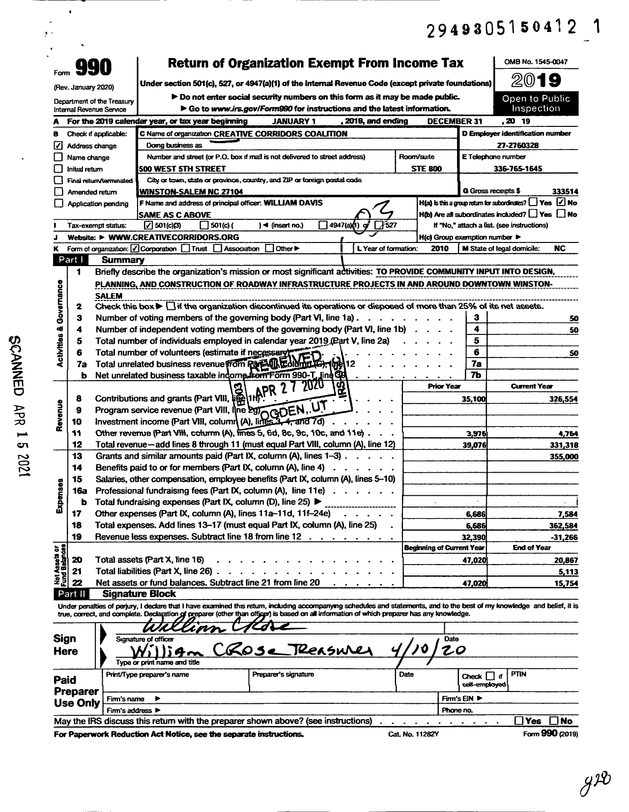 Image of first page of 2019 Form 990 for Creative Corridors Coalition