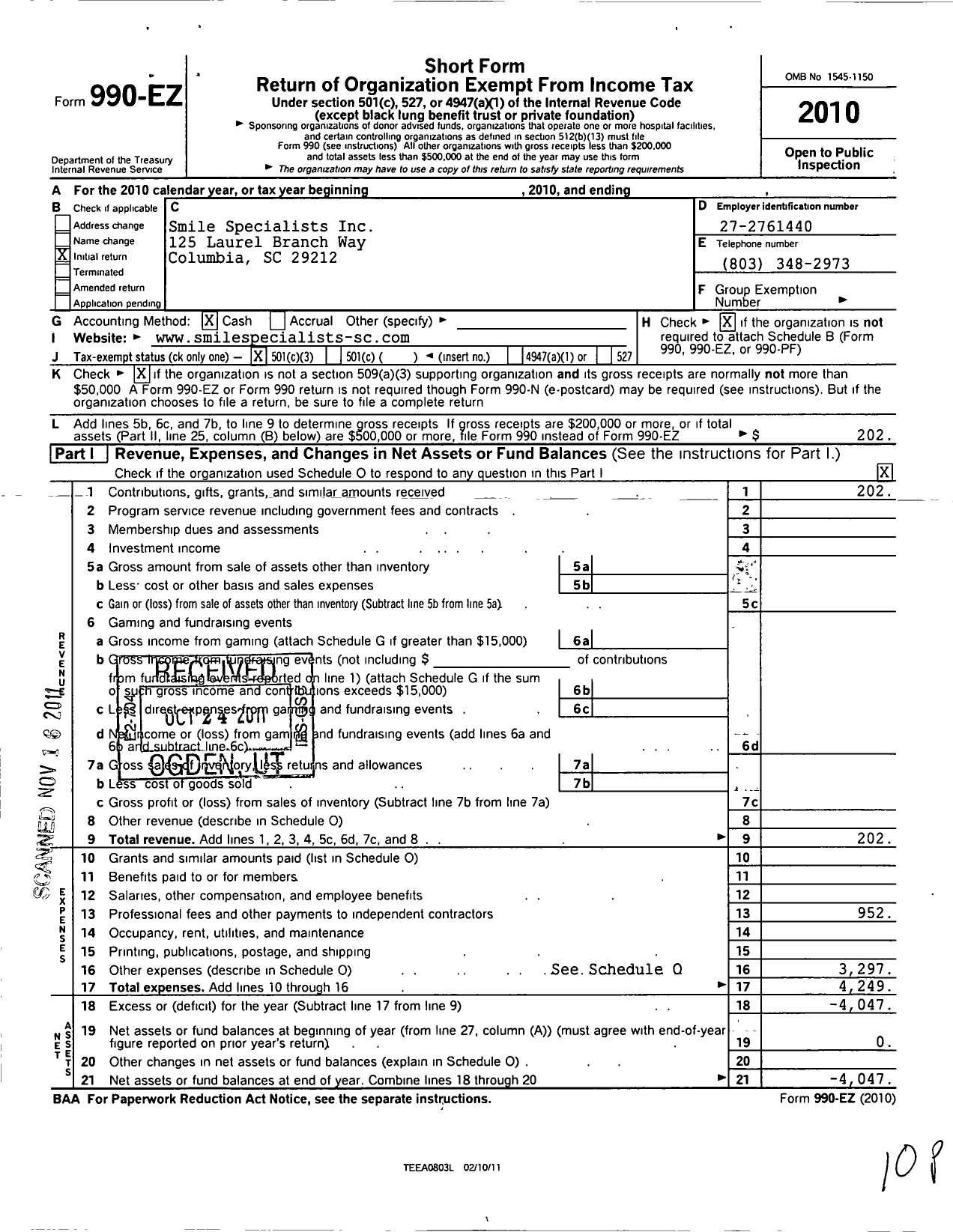 Image of first page of 2010 Form 990EZ for Smile Specialist