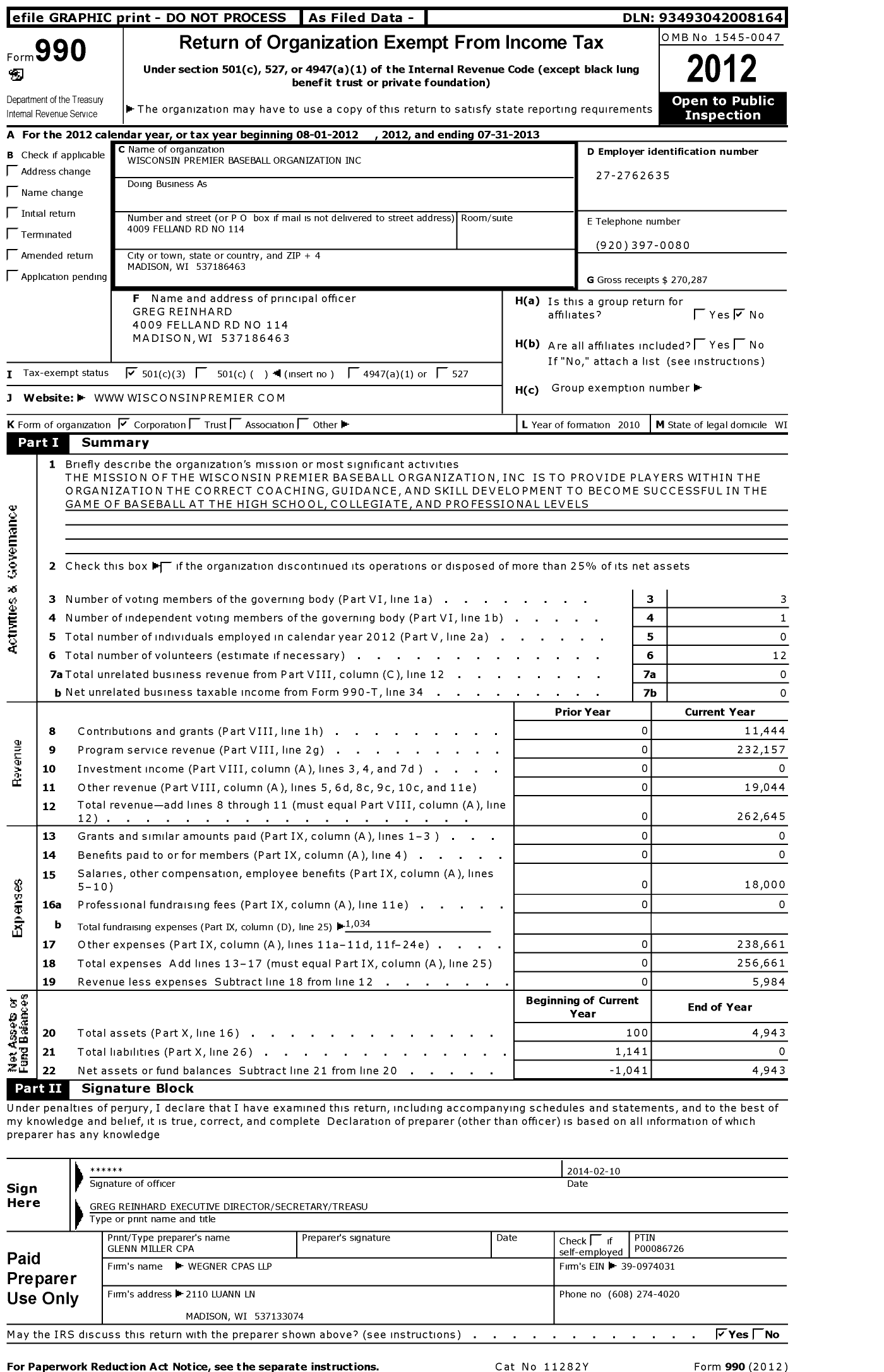 Image of first page of 2012 Form 990 for Wisconsin Premier Baseball Organization
