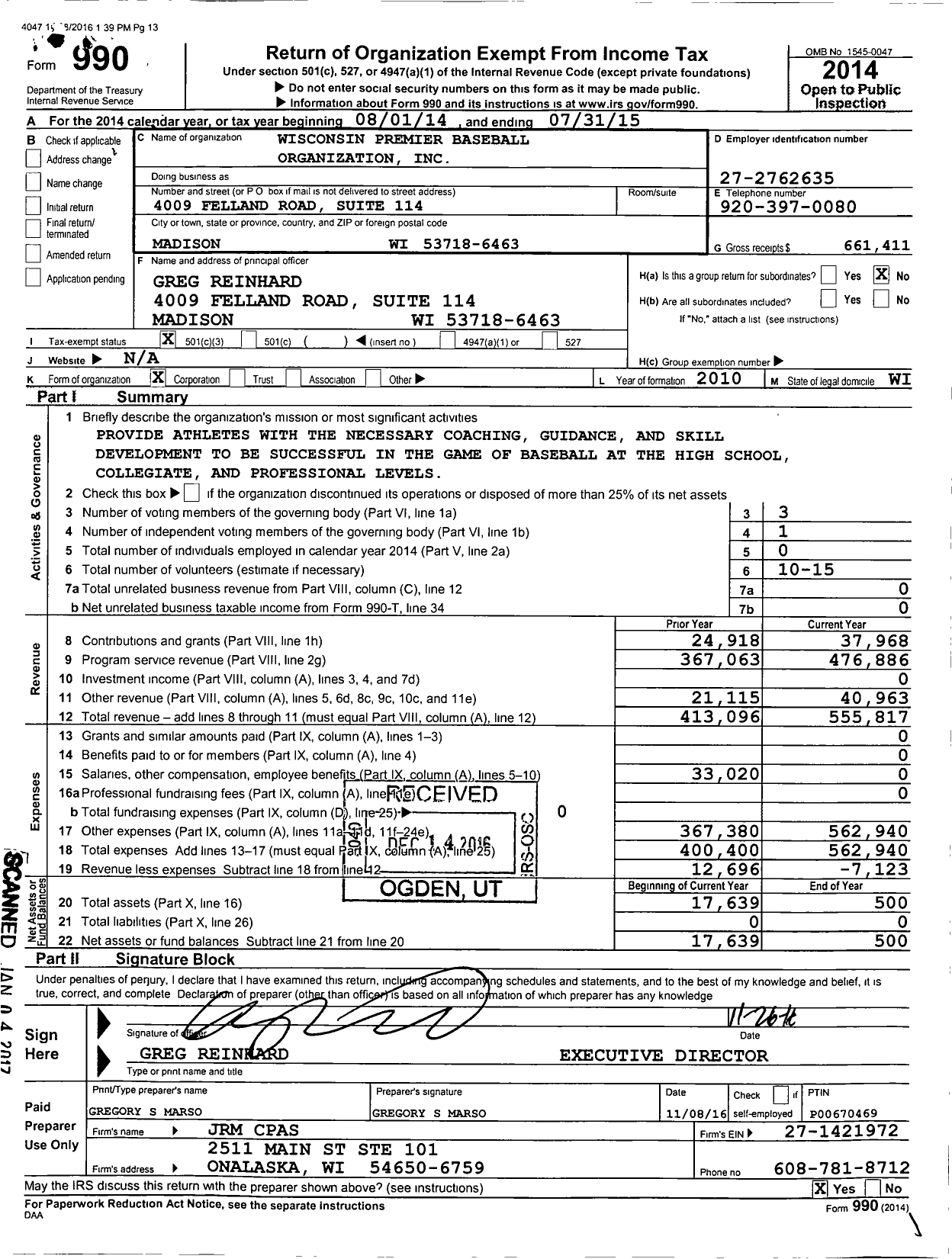 Image of first page of 2014 Form 990 for Wisconsin Premier Baseball Organization
