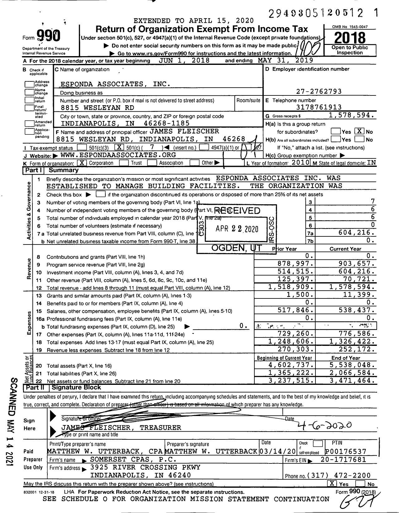 Image of first page of 2018 Form 990O for Esponda Associates