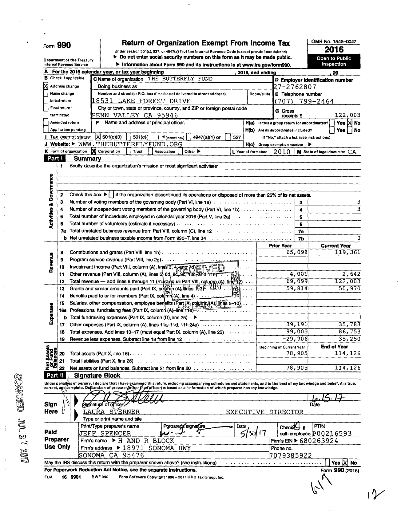 Image of first page of 2016 Form 990 for The Butterfly Family Fund