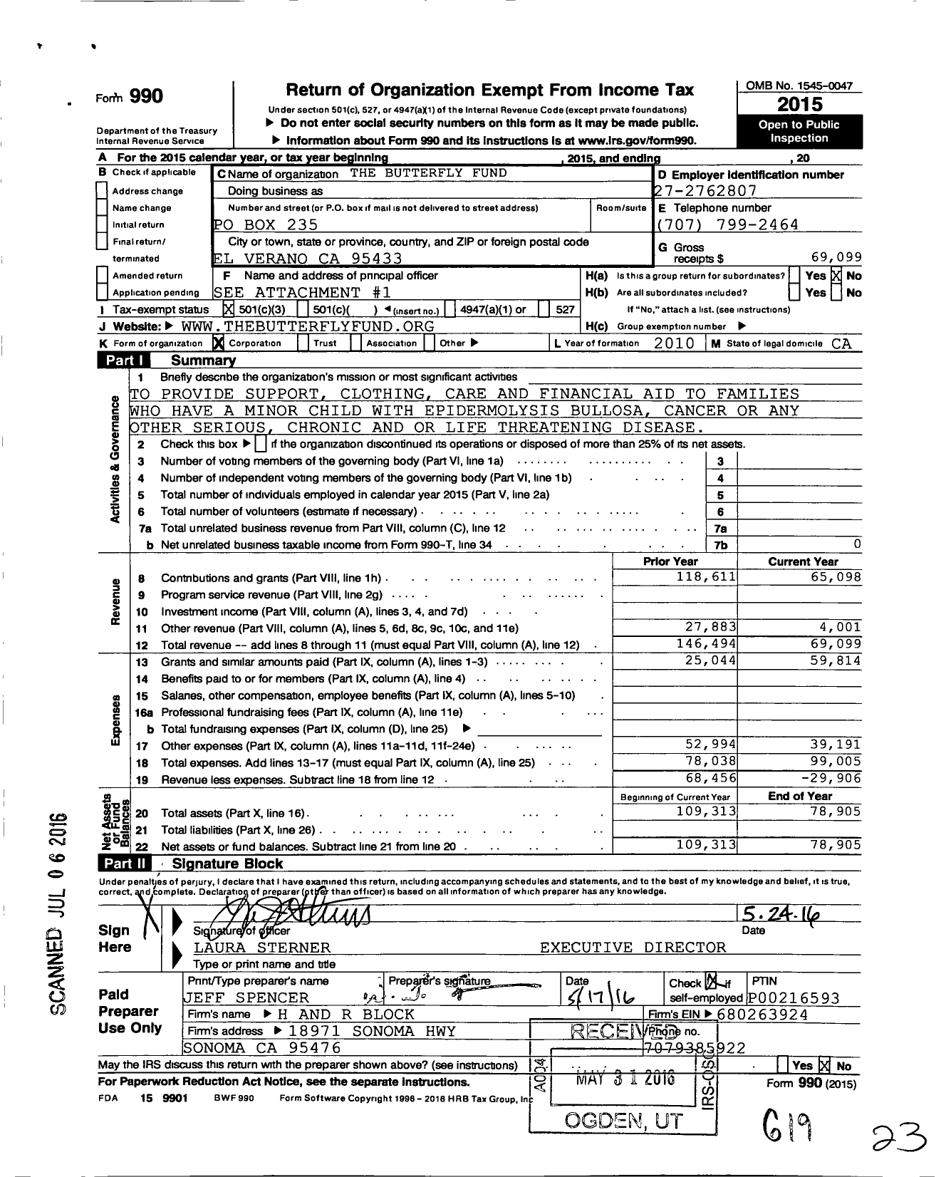 Image of first page of 2015 Form 990 for The Butterfly Family Fund