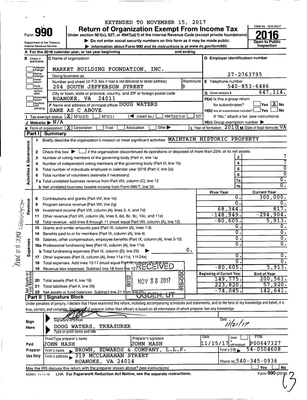 Image of first page of 2016 Form 990 for Market Building Foundation