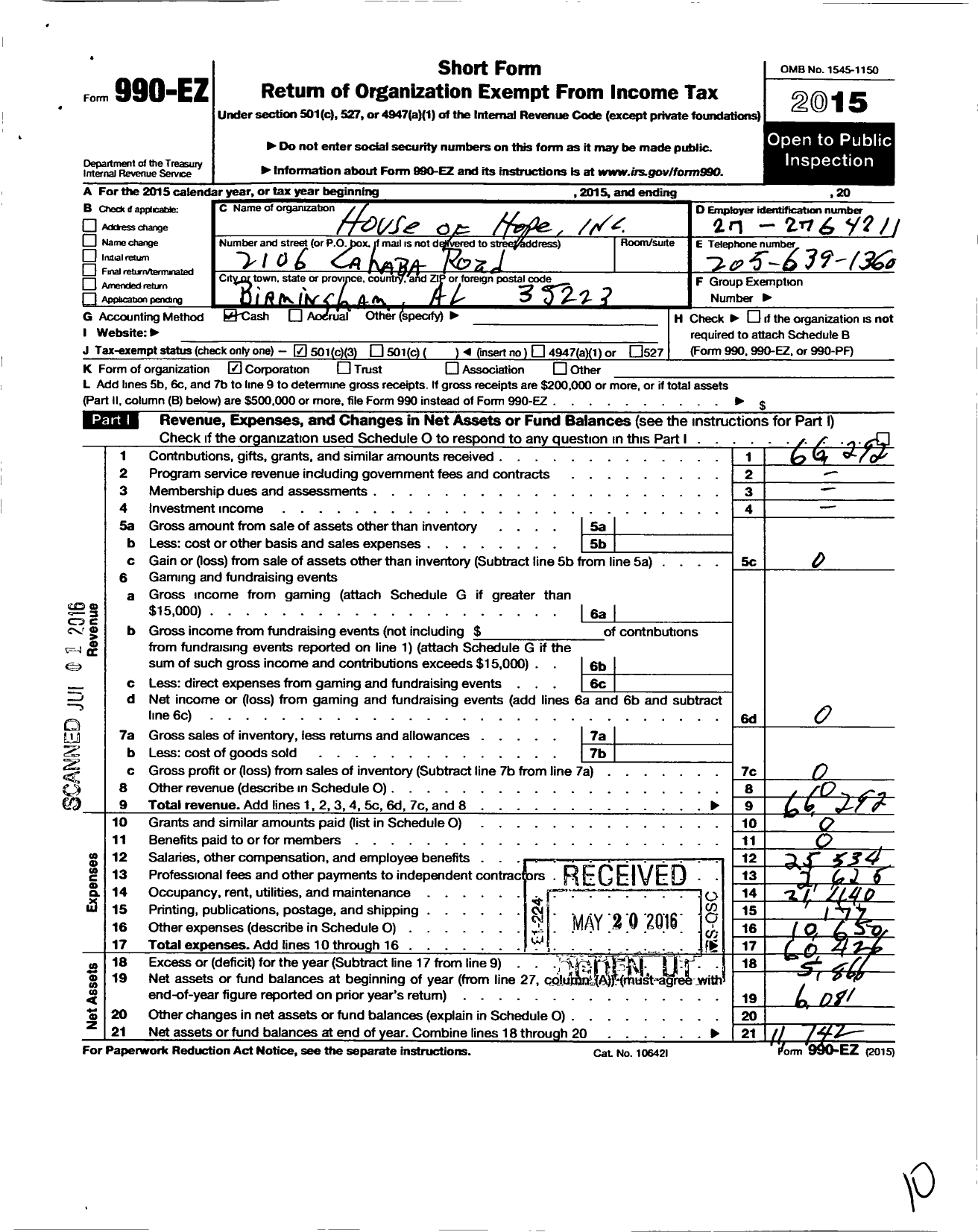 Image of first page of 2015 Form 990EZ for House of Hope