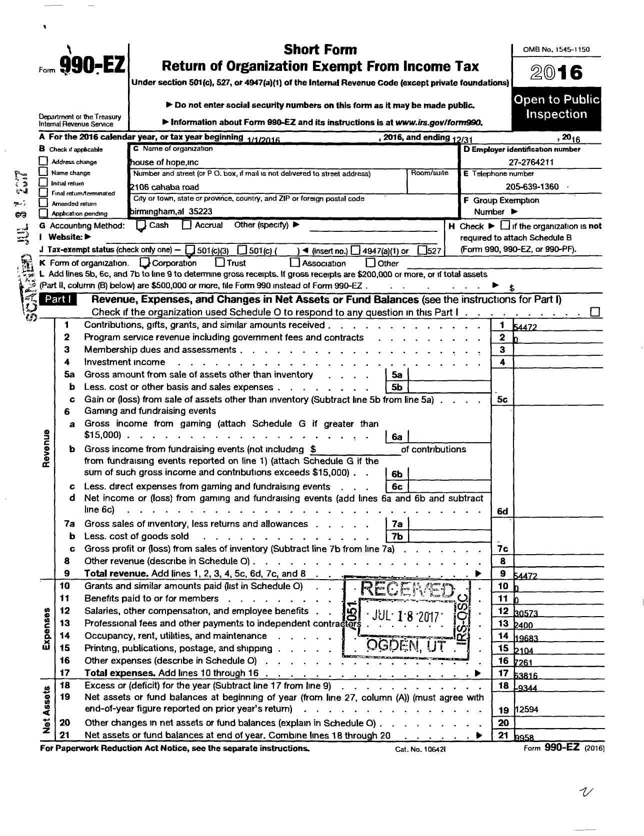 Image of first page of 2016 Form 990EO for House of Hope