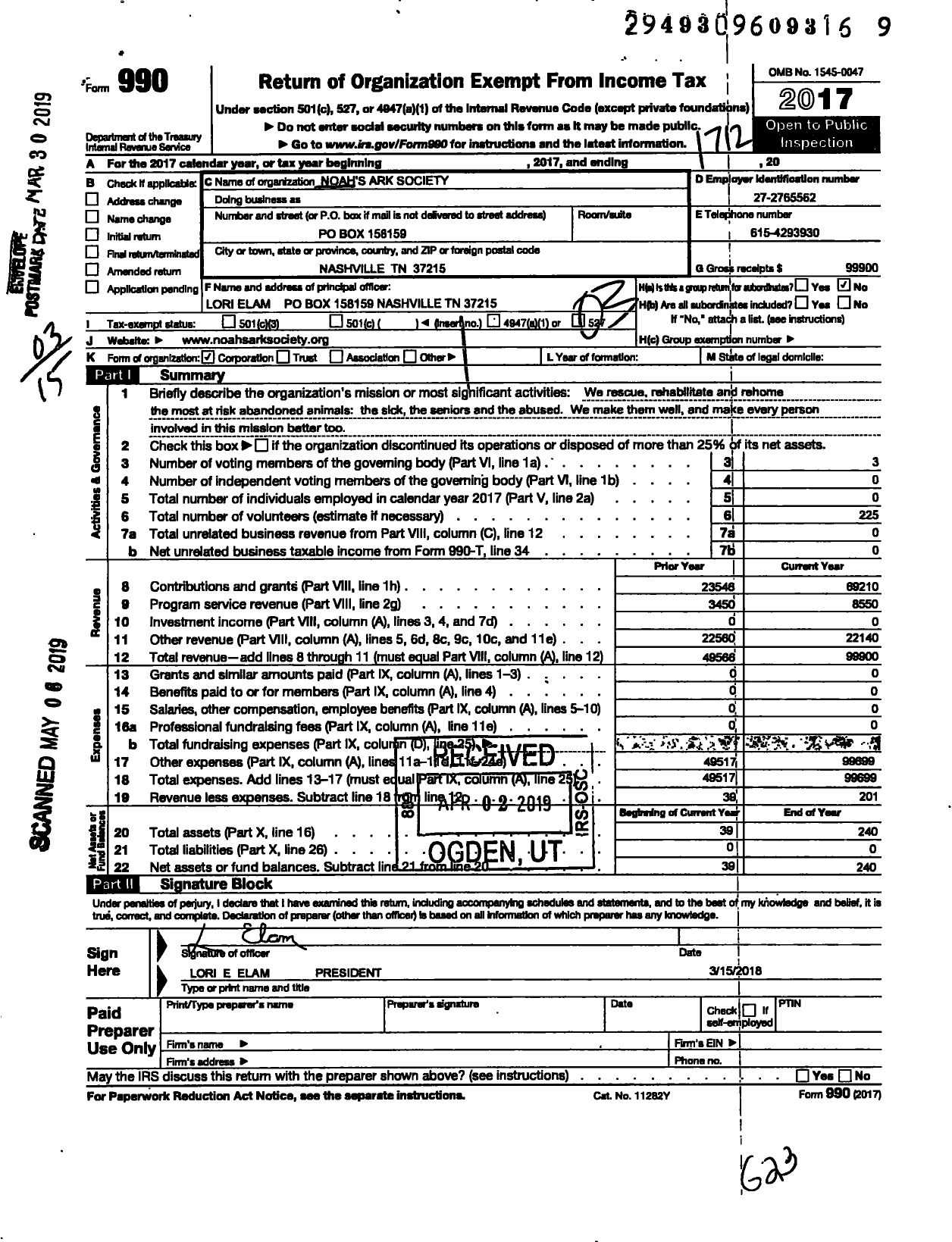 Image of first page of 2017 Form 990 for Noahs Ark Society LLC