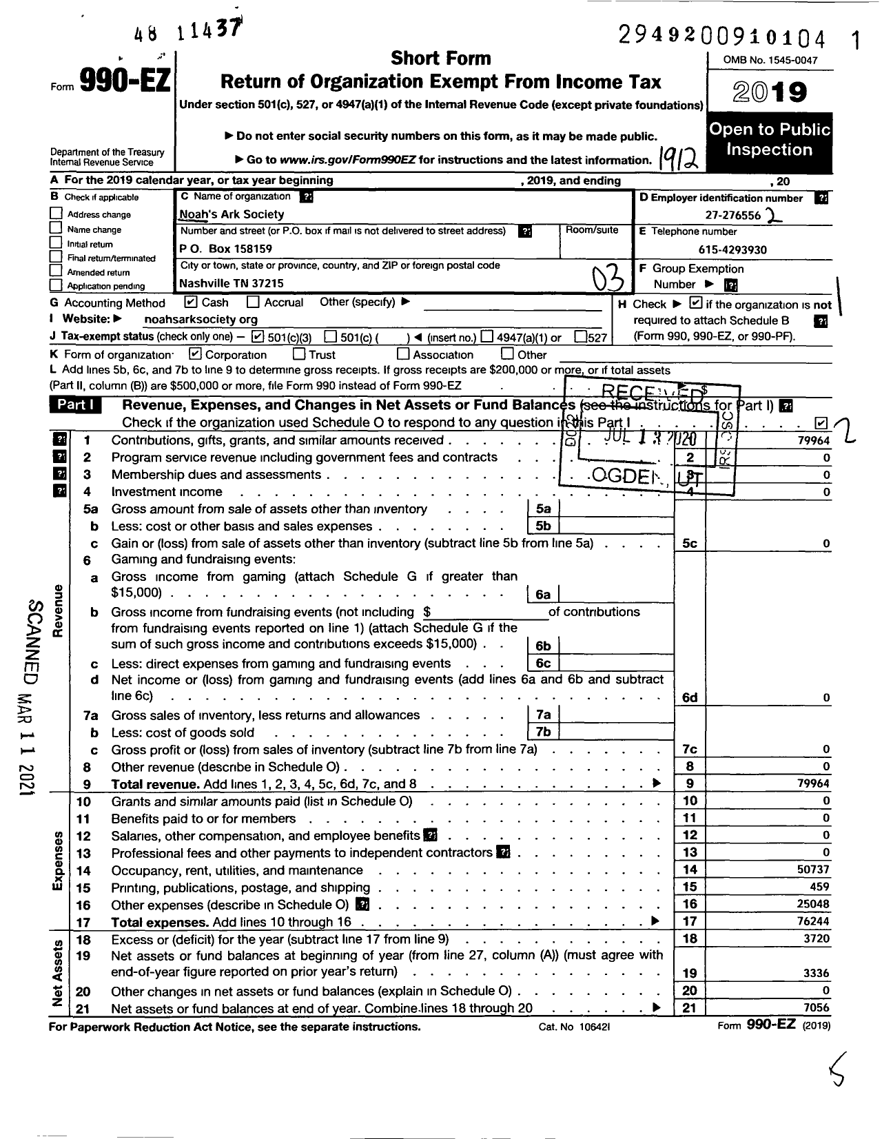 Image of first page of 2019 Form 990EZ for Noahs Ark Society LLC