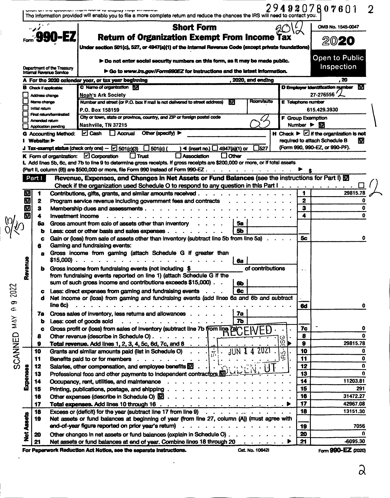 Image of first page of 2020 Form 990EZ for Noahs Ark Society LLC