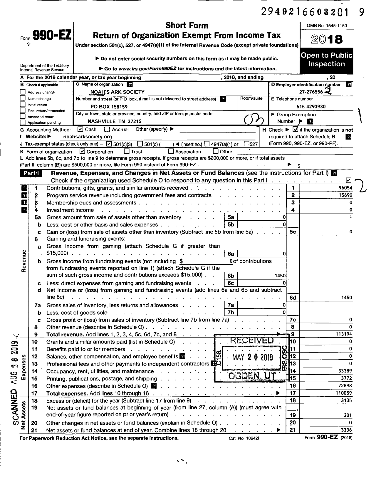 Image of first page of 2018 Form 990EZ for Noahs Ark Society LLC