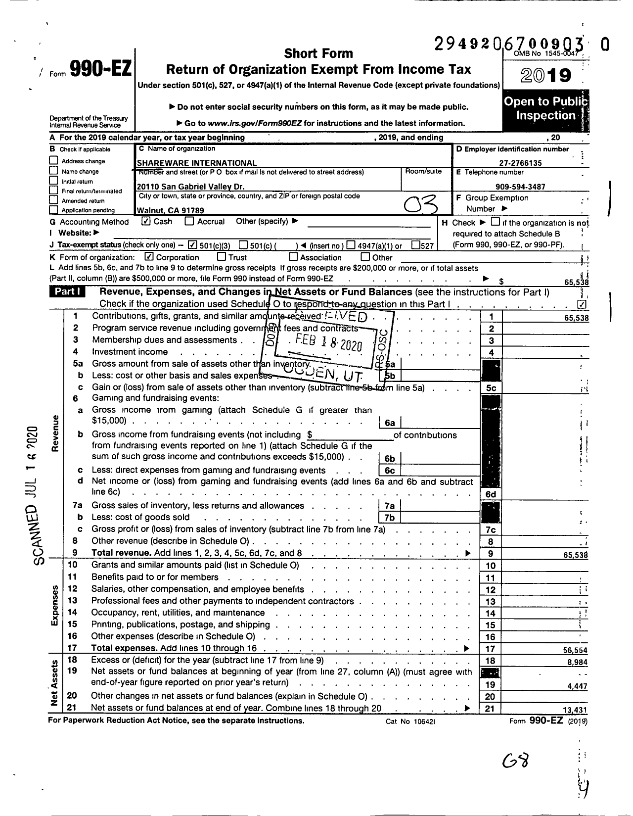 Image of first page of 2019 Form 990EZ for Shareware International