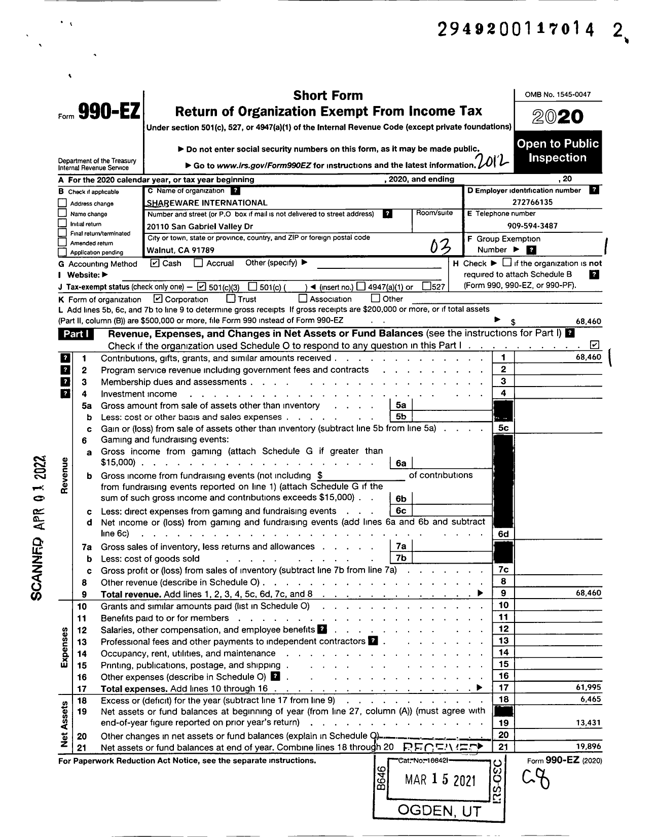 Image of first page of 2020 Form 990EZ for Shareware International