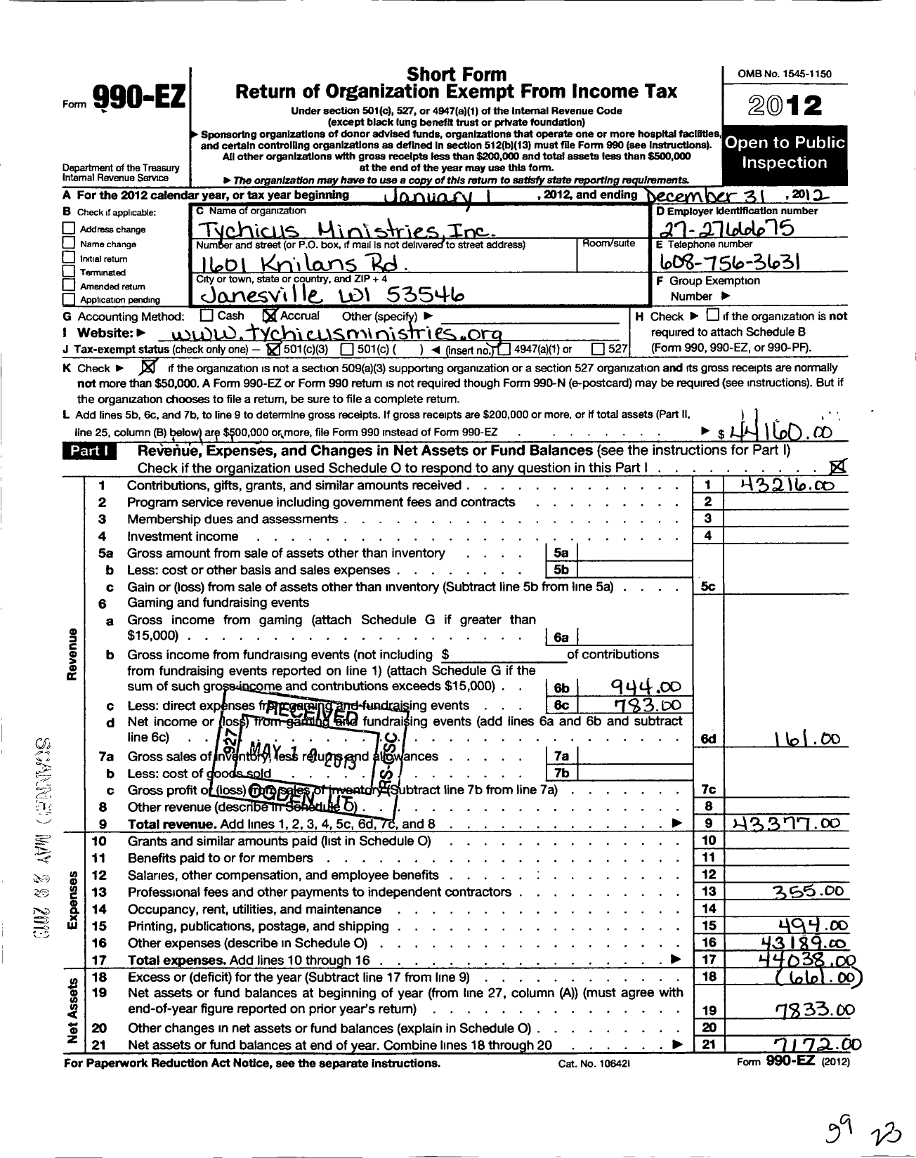 Image of first page of 2012 Form 990EZ for Tychicus Ministries
