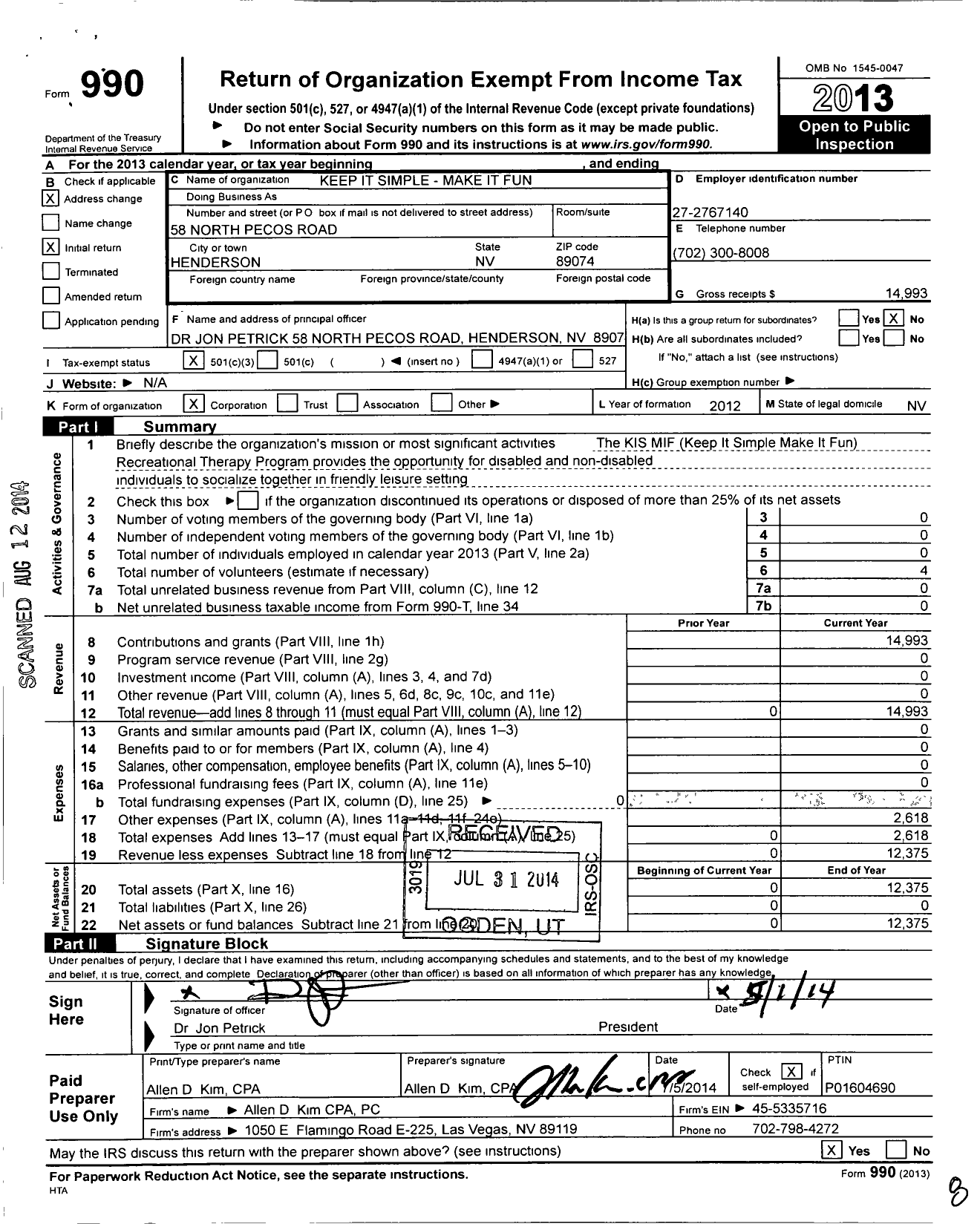 Image of first page of 2013 Form 990 for Keep It Simple Make It Fun