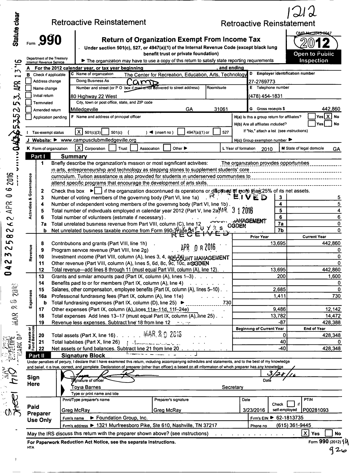 Image of first page of 2012 Form 990 for Center for Rec Edu Arts Tech Enter (CREATE)