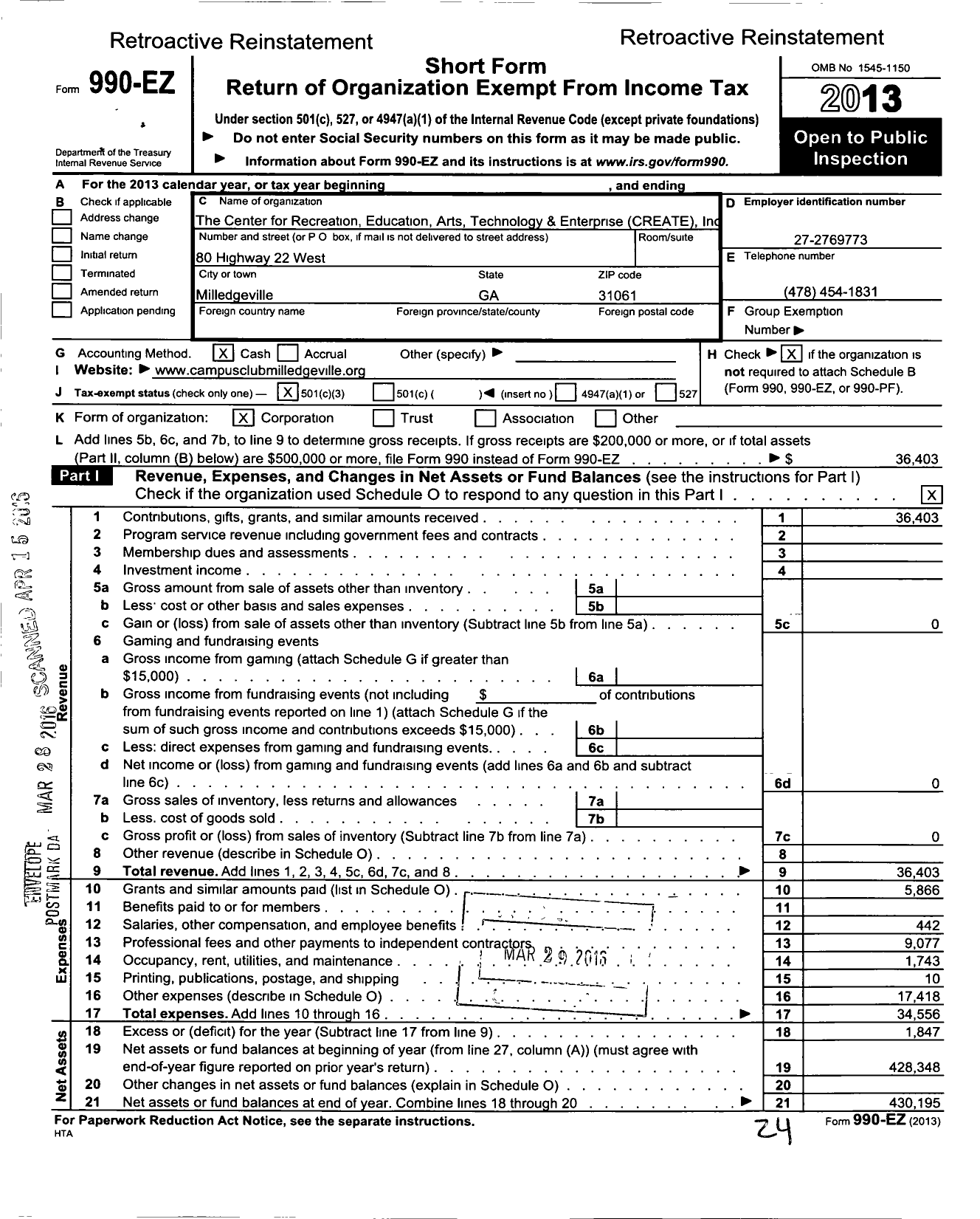 Image of first page of 2013 Form 990EZ for Center for Rec Edu Arts Tech Enter (CREATE)