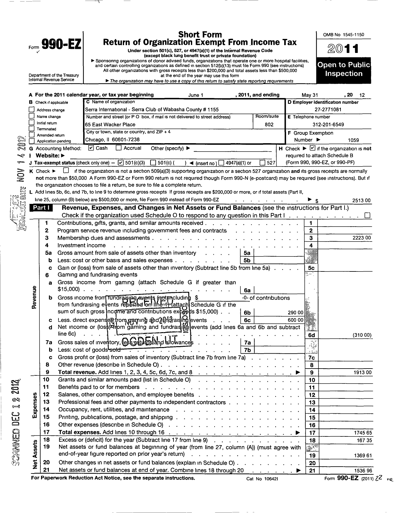 Image of first page of 2011 Form 990EZ for Serra International - 1155 Wabasha County Serra Club