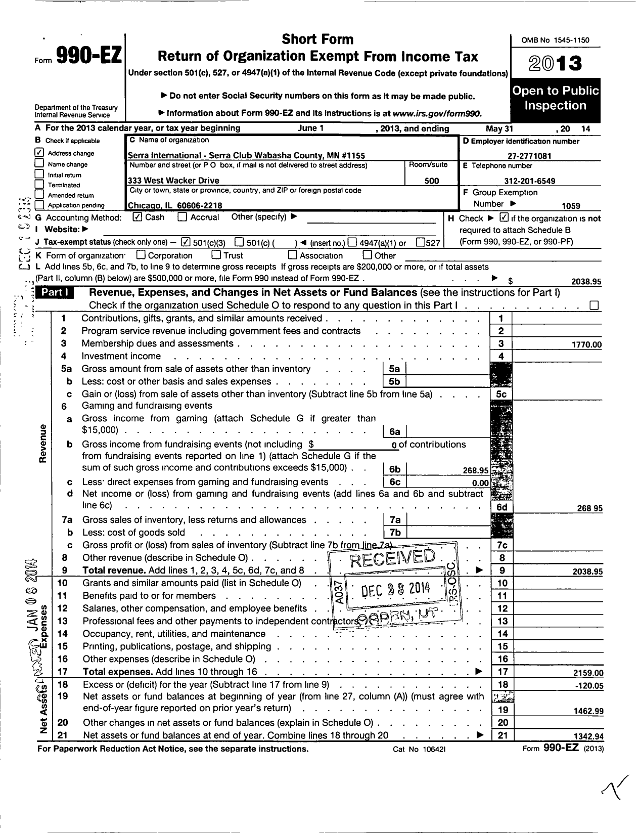 Image of first page of 2013 Form 990EZ for Serra International - 1155 Wabasha County Serra Club