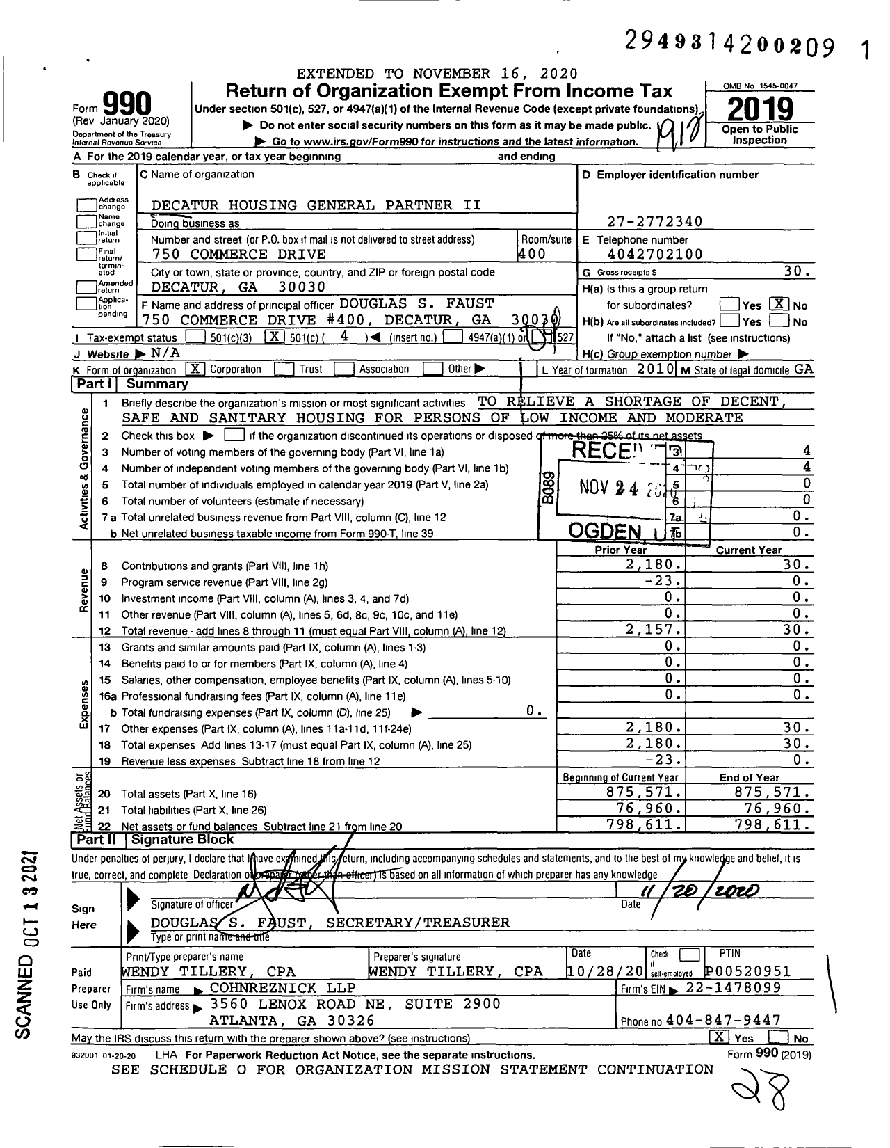 Image of first page of 2019 Form 990O for Decatur Housing General Partner Ii